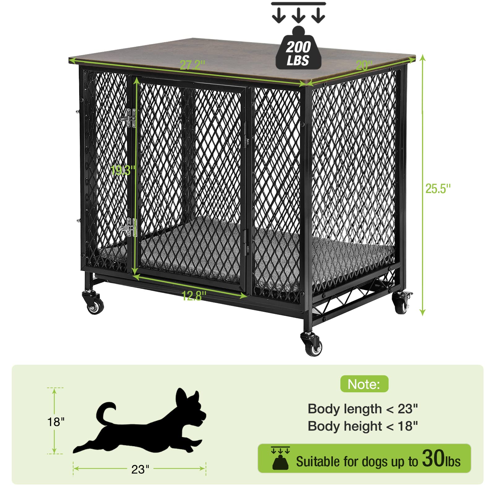 Premium Dog Crate Furniture End Table - Convertible Kennel for Small, Medium & Large Dogs | Rolling Dog Cage with Cushion, Double Doors & Pull-Out Tray (27.2