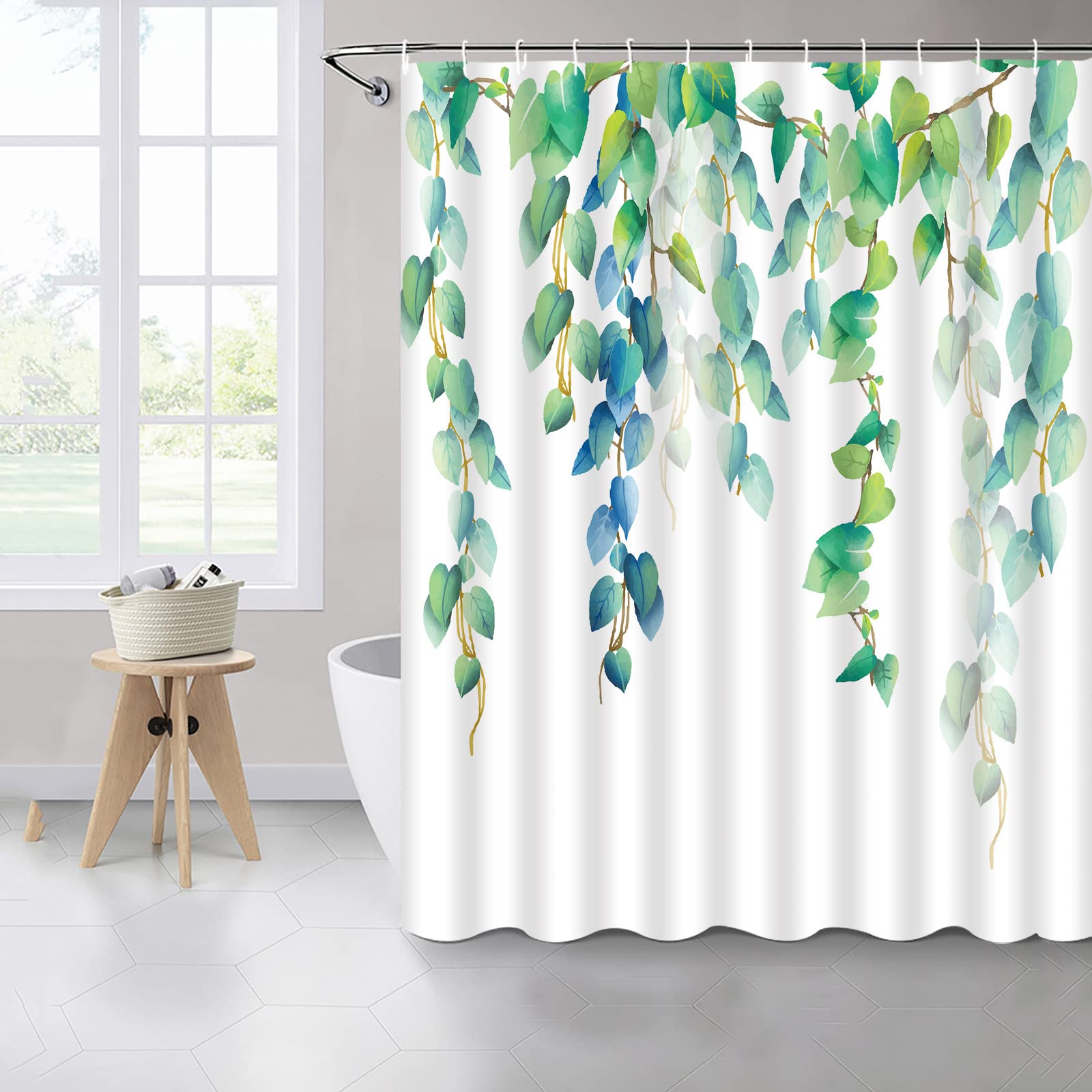 Green Leaves Fabric Shower Curtain - Spring Plant Vine Design Blue Green Leaf Bathroom Decor - Polyester Bath Accessories Set with Hooks 60x70 Inch - Perfect for Modern Bathrooms, Spa Retreats & Nature-Themed Home Decor