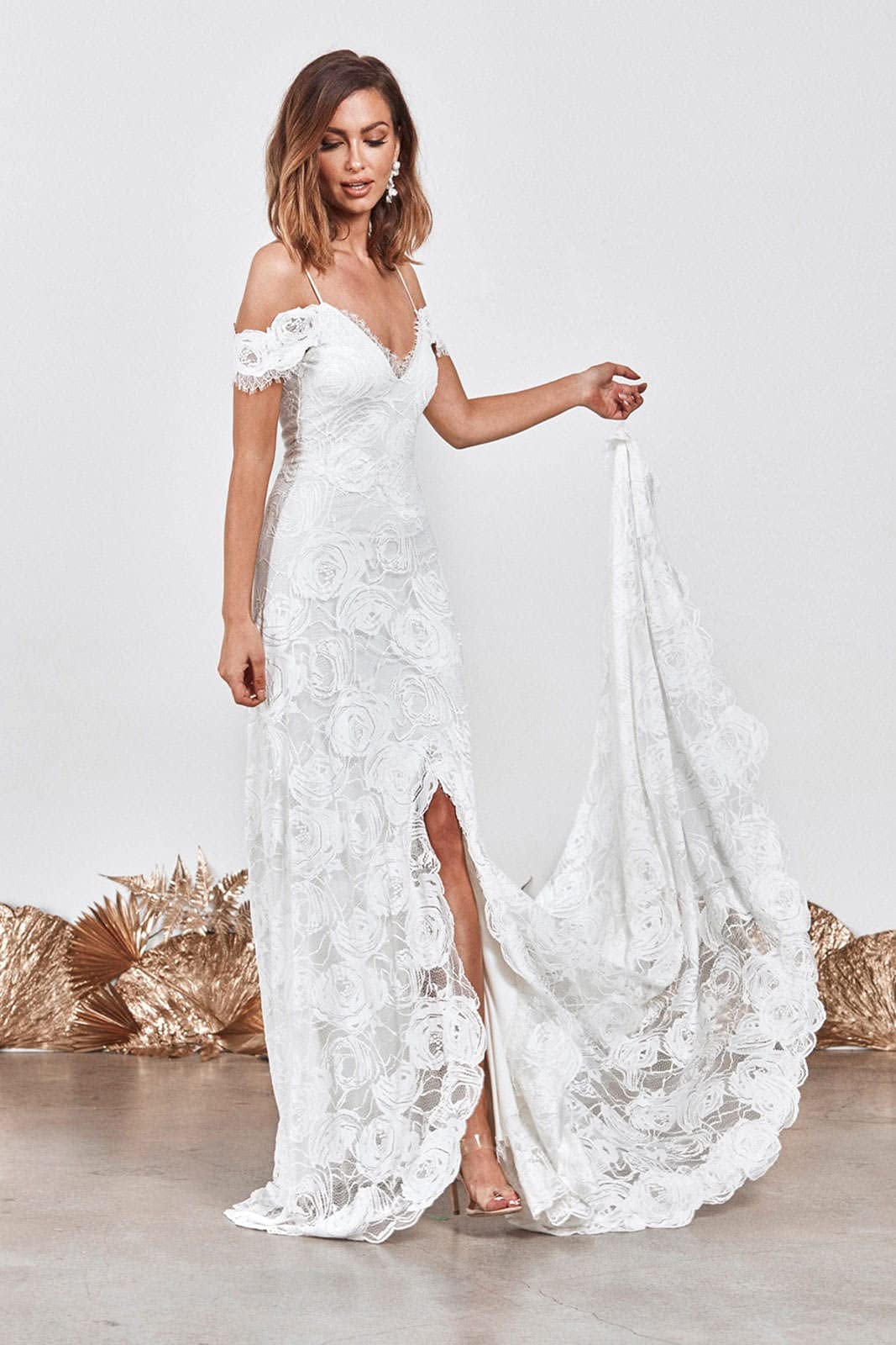 Off The Shoulder A-Line Lace Boho Wedding Dress Long Bridal Gown with Slit - Elegant Beach, Garden & Destination Wedding Gown for Bride