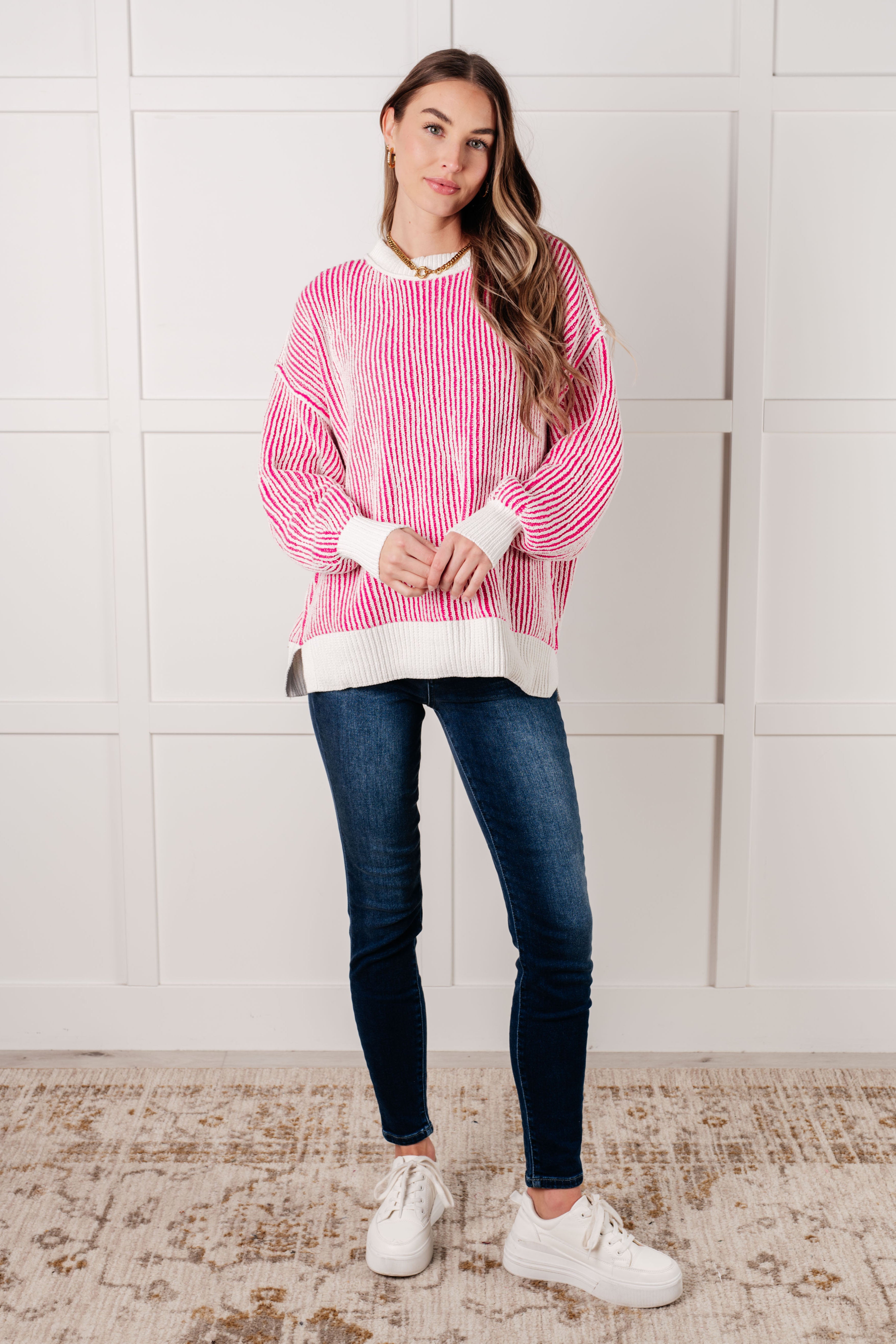 Pink Contrast Trim Sweater - Low Maintenance Women's Knitwear for Casual Outfits & Layering