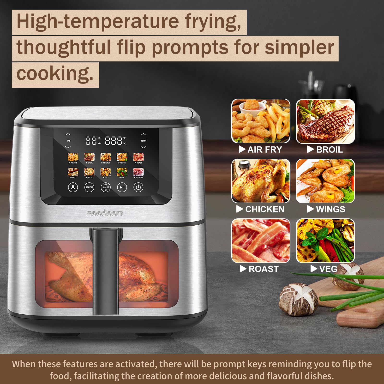 SEEDEEM Max XL 8 Quart Air Fryer Toaster Oven Combo - 10-in-1 Multi-Function Countertop Convection Oven with LCD Touchscreen, Clear Cooking Window (Bake, Roast, Broil, Dehydrate) - Perfect for Family Cooking, Meal Prep & Healthy Eating - Silver