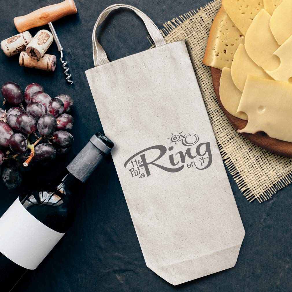 Custom Cotton Wine Gift Bag - Funny 'He Put A Ring On It' Design - Novelty Housewarming & Party Accessories - Natural Canvas Tote for Engagements, Weddings & Celebrations