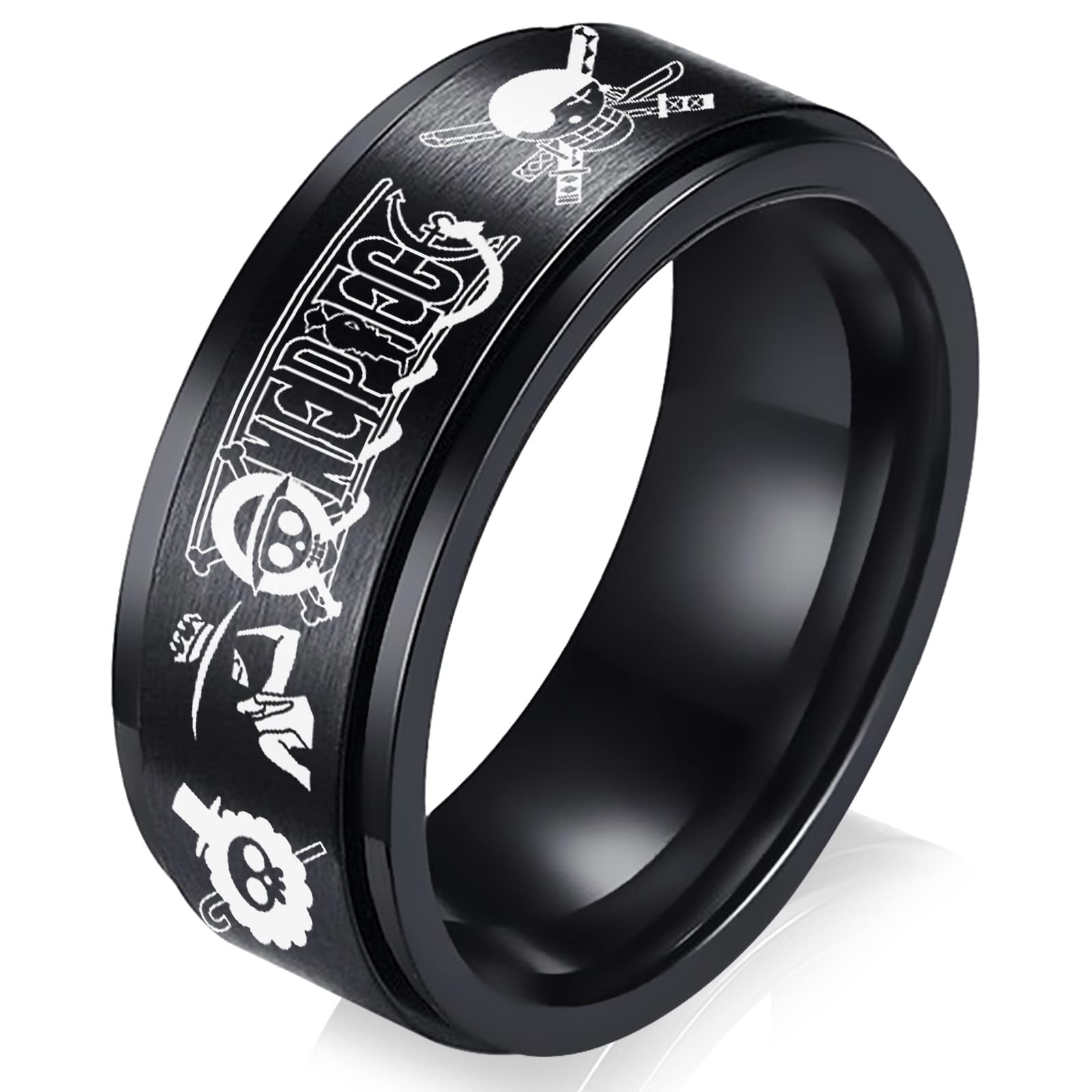 One Piece Anime Luffy Fidget Spinner Ring for Men - 8MM Stainless Steel Anxiety Relief Jewelry - Perfect for Cosplay, Gift Giving, and Stress Relief