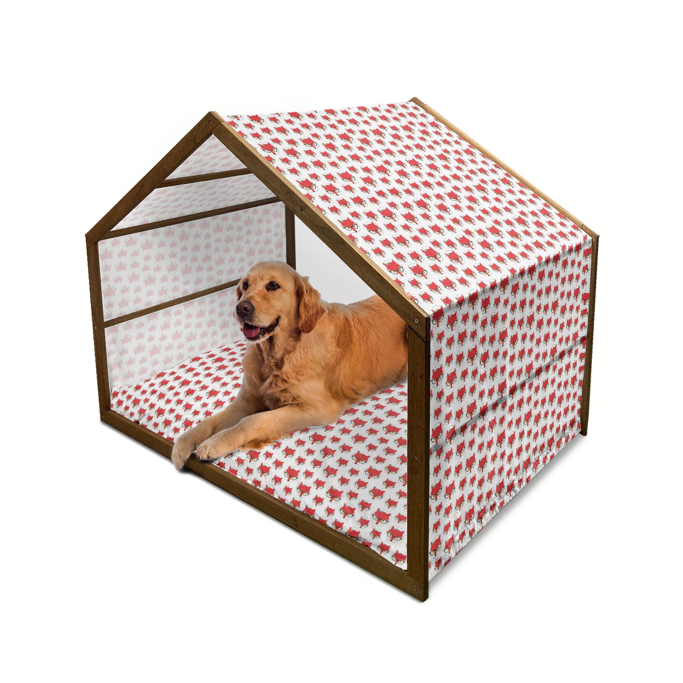 Ambesonne Fox Wooden Dog House - XL Indoor & Outdoor Portable Pet Kennel with Pillow & Cover, Mint Green Beige Red - Cozy Cartoon Hipster Fox Design - Perfect for Backyards, Patios & Home Decor