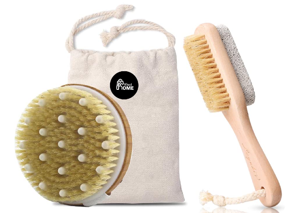 MustHome Dry Brushing Body Brush Set of 2 with Pumice Stone - Exfoliating Body Scrubber for Shower & Bath, Dead Skin Remover for Feet & Body - Perfect for Spa Day & Home Skincare Routine