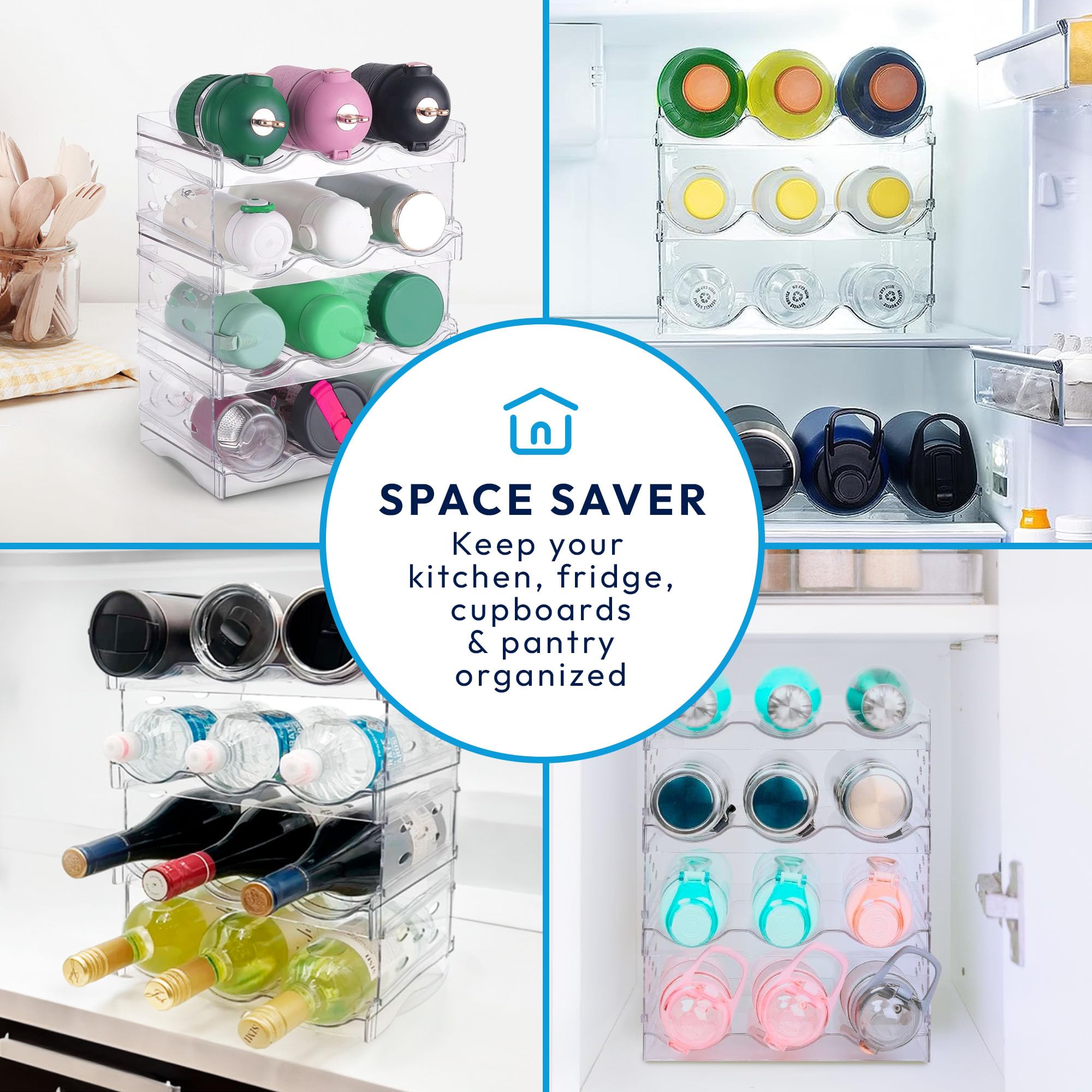 4-Tier Water Bottle Organizer & Wine Rack - Space Saving Kitchen Storage for Cabinets, Pantry & Fridge - Perfect for Organizing Bottles, Cans & Kitchen Essentials in Small Spaces
