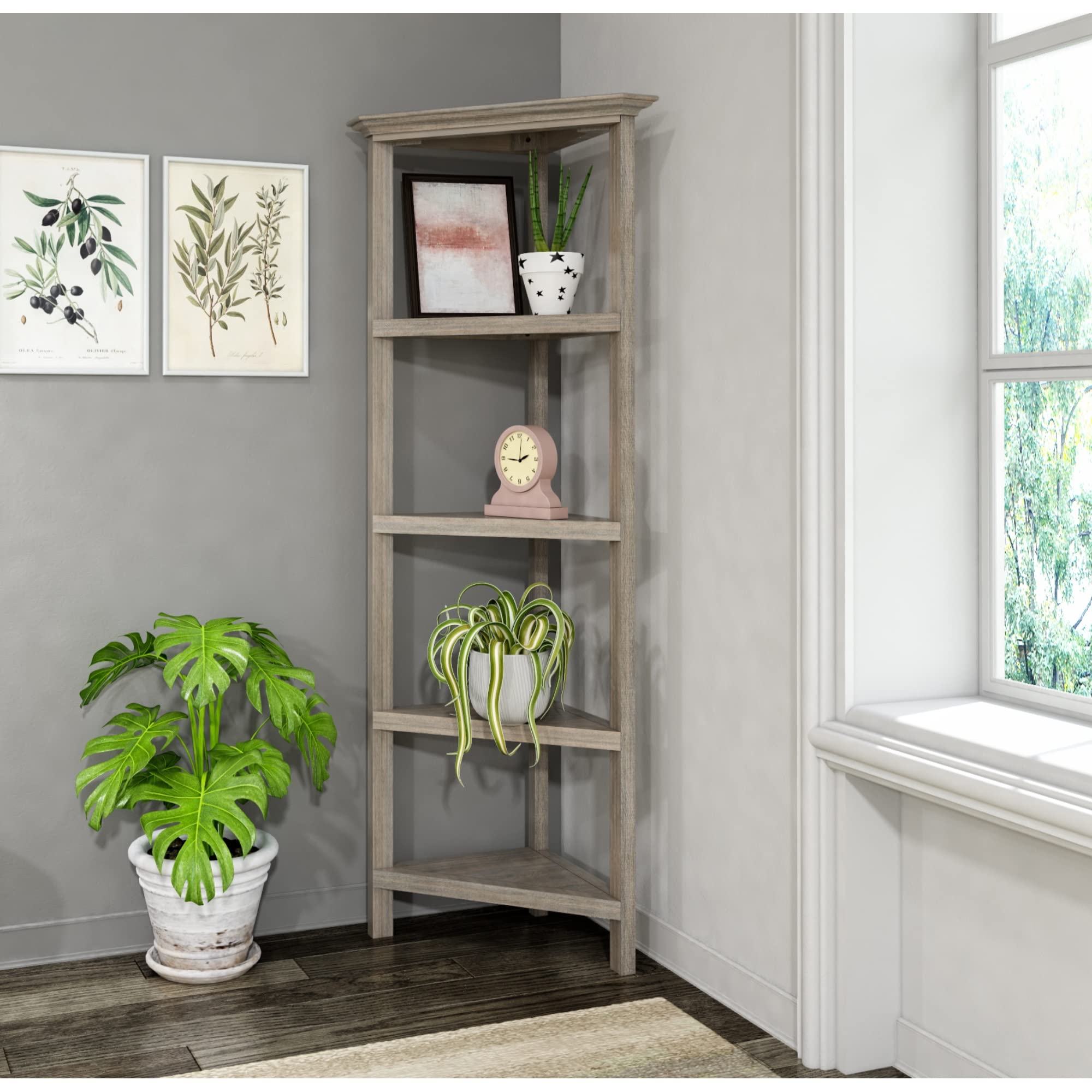 NewRidge Home Corner Bookcase - Modern Washed Grey Wooden Bookshelf for Living Room, Bedroom & Office - Space-Saving Storage Solution for Books, Decor & Essentials