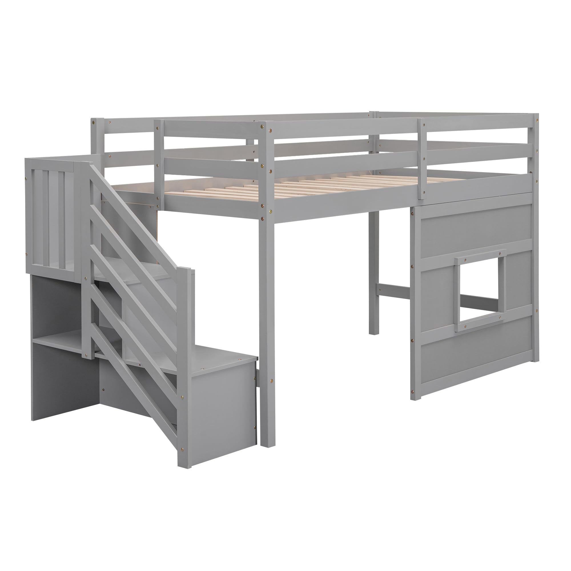 Twin Size Low Loft Bed with Stairs & Storage - Solid Wood Kids Loft Bed Frame for Boys & Girls in Gray - Space Saving Solution for Small Bedrooms, Dorm Rooms & Kids' Rooms