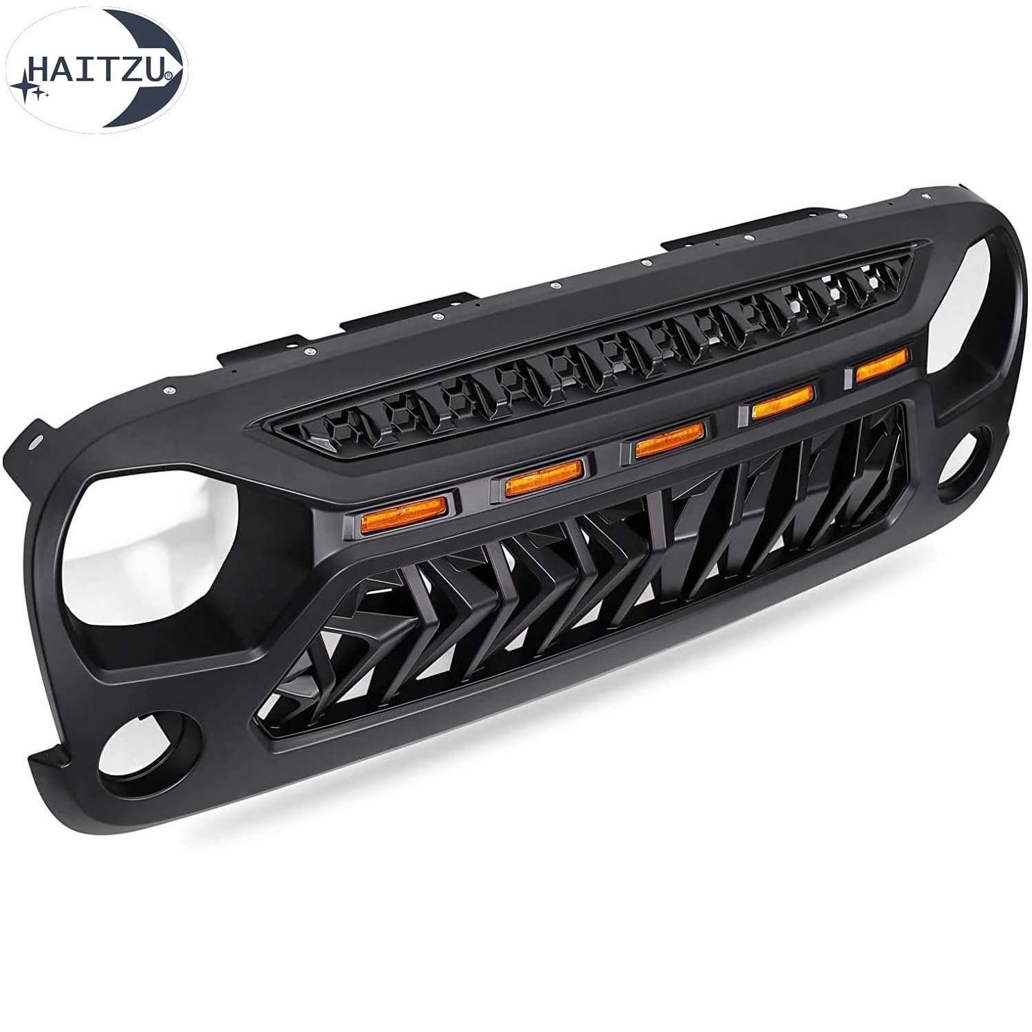 Jeep Wrangler JK Grille Guard (2007-2018) - Matte Black Shark Grille with 5 Amber LED Lights | Compatible with Unlimited, Rubicon & Sahara Models | Off-Road Protection & Style Upgrade for Adventure Enthusiasts