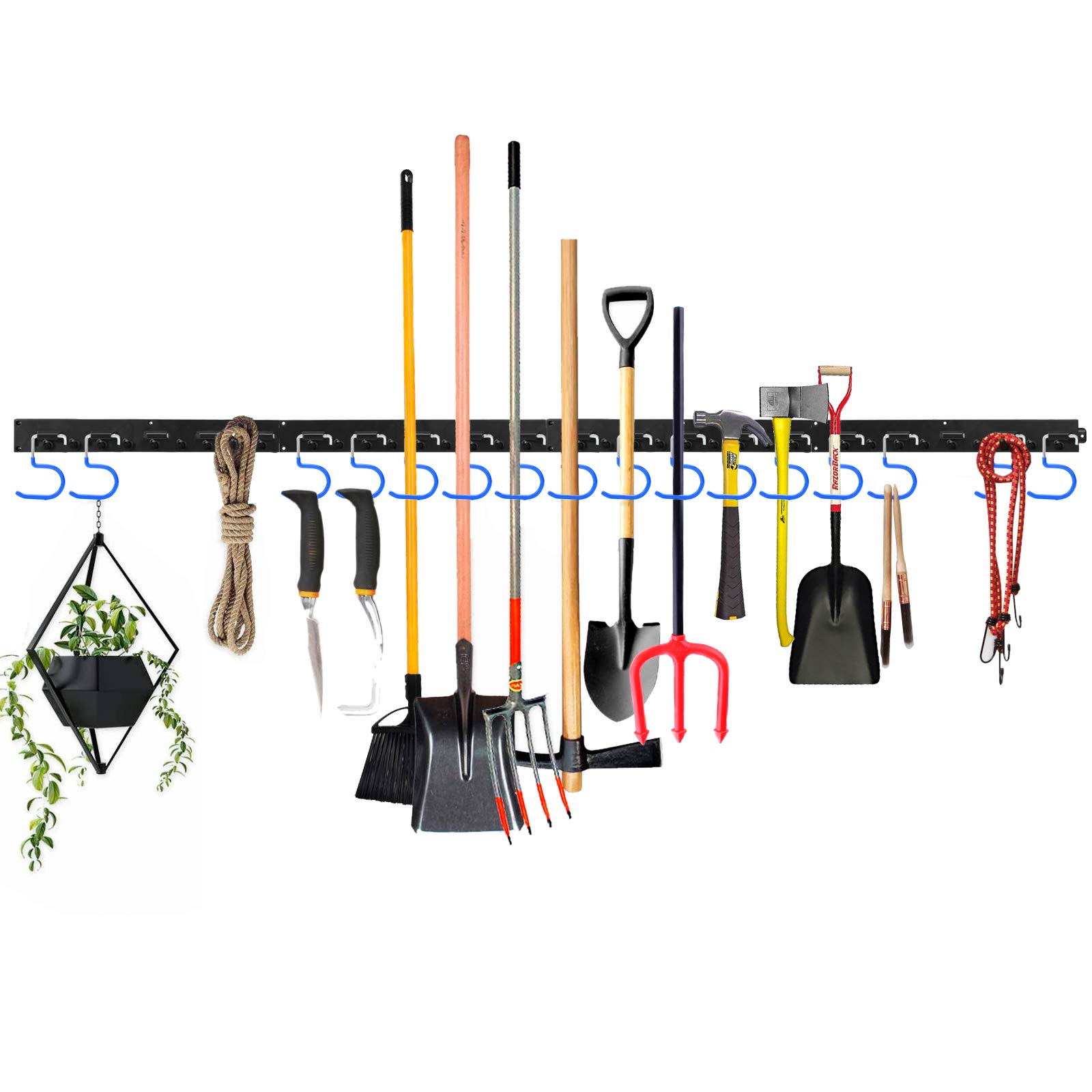 64 Inch Adjustable Wall Mount Tool Organizer - Garage & Garden Storage System with 4 Rails & 16 Hooks (Blue) - Perfect for Organizing Tools, Equipment & Supplies in Workshop, Garage or Shed