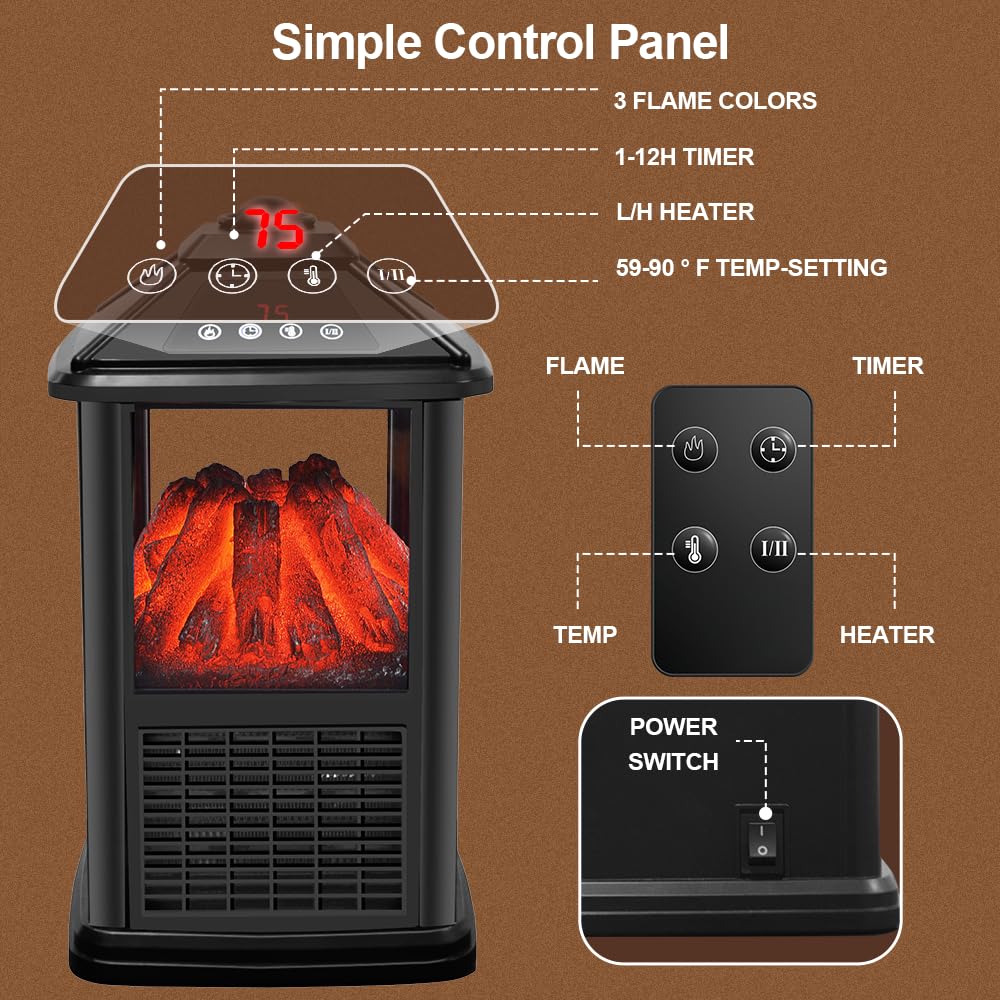 Mini Electric Fireplace Heater - Portable Freestanding 3D Flame Indoor Space Heater with Remote, Timer & Thermostat - Perfect for Bedroom, Living Room & Office Warming Decor
