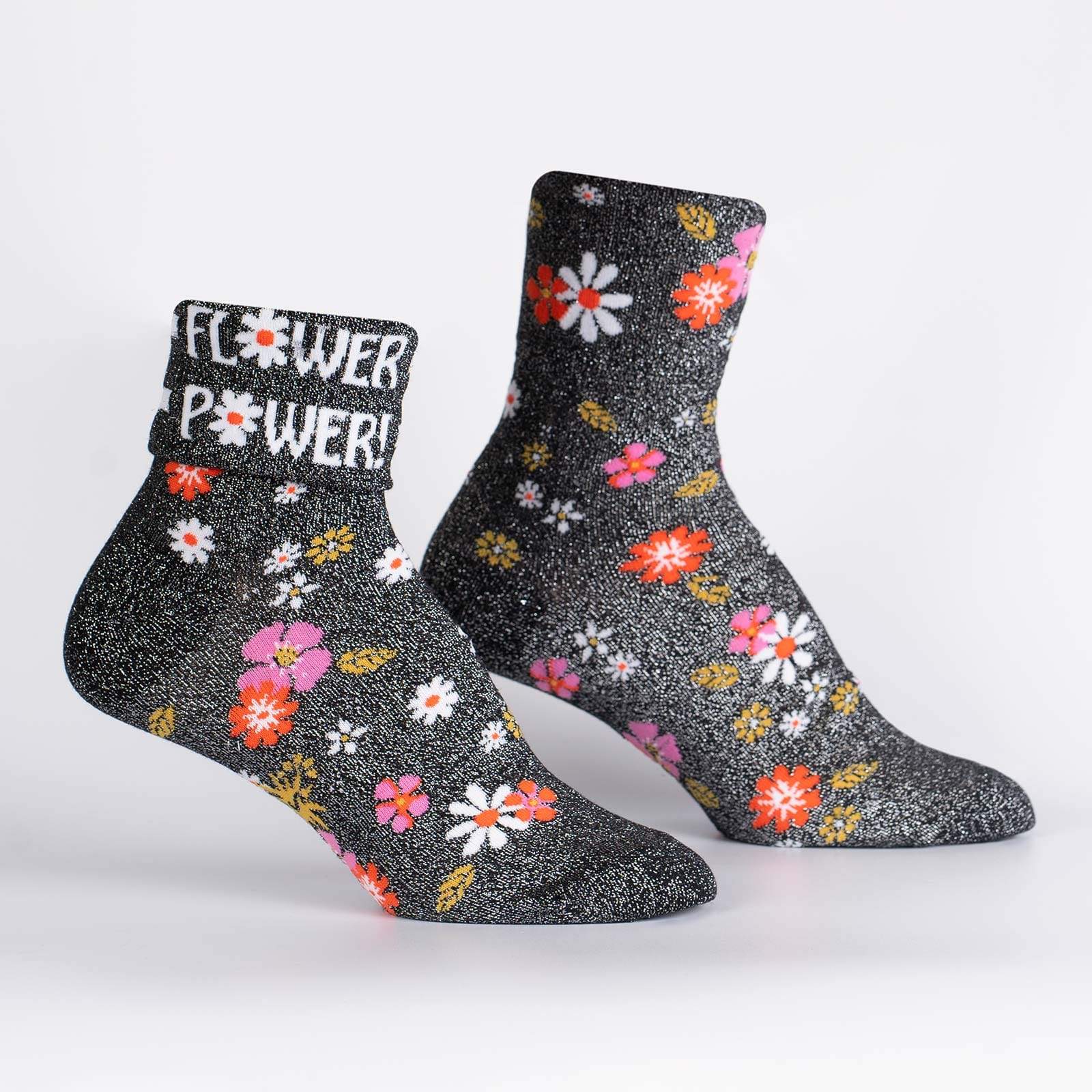 Sock It To Me Flower Power Turn Cuff Crew Socks - Women's Fun Printed Knee High Socks for Casual Wear, Workout & Costume