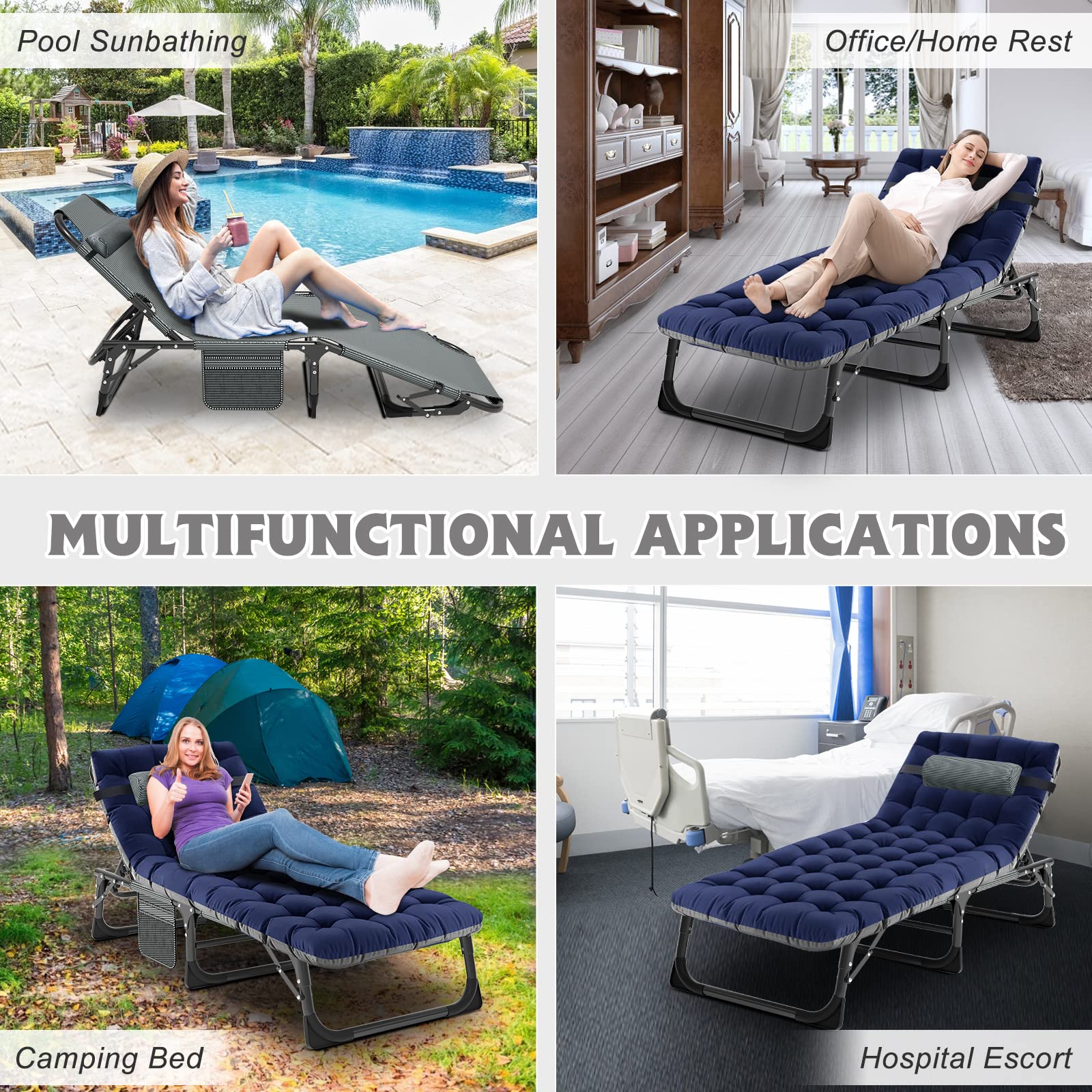 ABORON 5-Position Adjustable Camping Cot for Adults - Portable Folding Sleeping Cot & Lounge Chair with Pillow - Heavy Duty Outdoor Recliner for Beach, Lawn, Camping, Poolside & Sunbathing - Perfect for Backyard Relaxation, Picnics & Travel Adventures