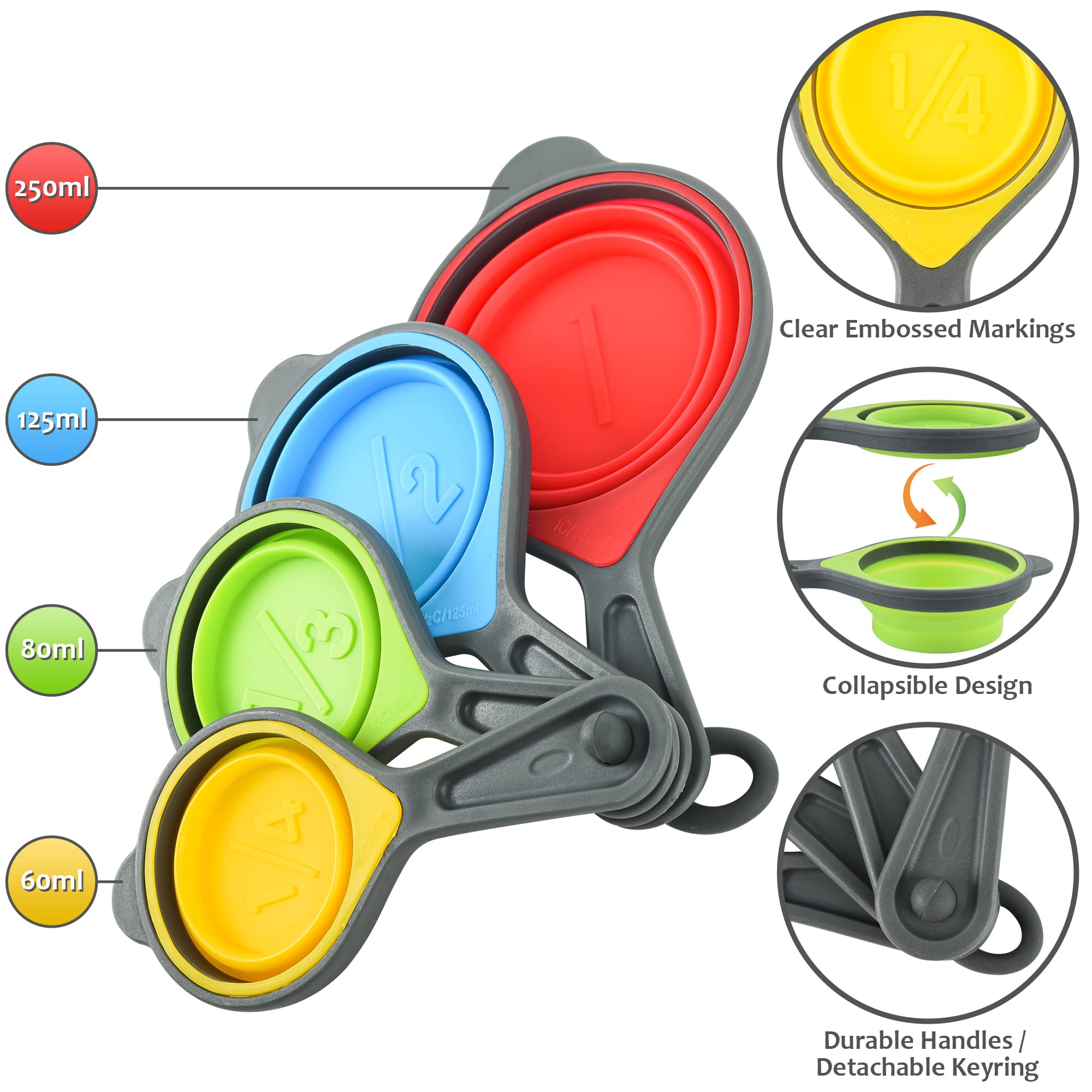8-Piece Collapsible Measuring Cups and Spoons Set - Food Grade Silicone for Liquid & Dry Ingredients - Space-Saving Kitchen Tools (Yellow/Rainbow) - Perfect for Baking, Cooking & Meal Prep