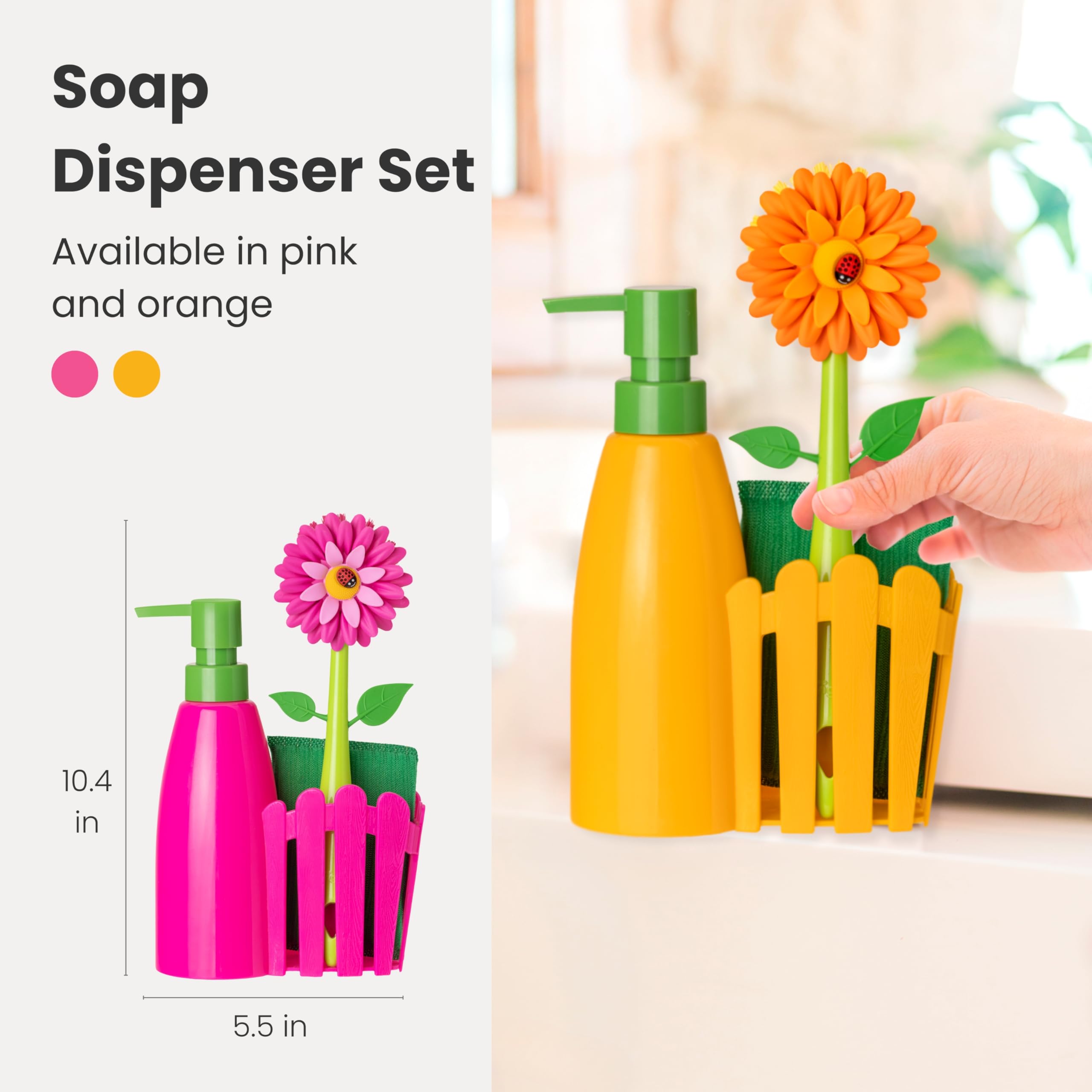 Vigar Flower Power Kitchen Soap Dispenser Set with Sponge Caddy & Dish Brush | Orange & Green Sink Organizer for Efficient Dishwashing