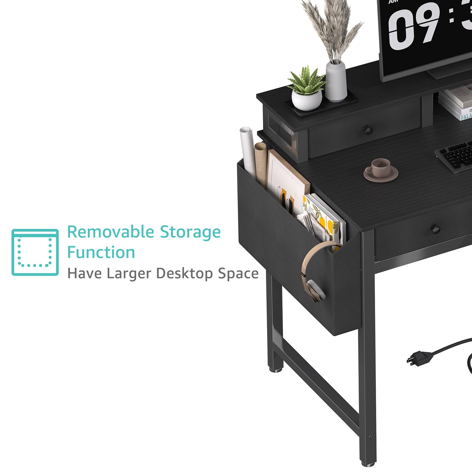 Lufeiya 40 Inch Black Computer Desk with Drawers - Home Office Desk with Storage, Power Outlet & Monitor Stand - Study Desk for Bedroom, Gaming & Workstation Use