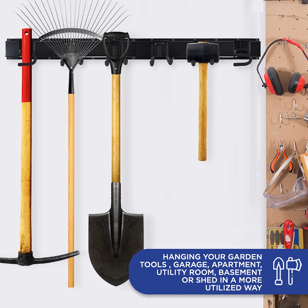 WHISTLER Heavy Duty Garage Tool Organizer Wall Mount Rack - Powder Coated Steel Rails with 6 Utility Hooks for Yard Tools Storage - Perfect for Garage, Shed, and Workshop Organization