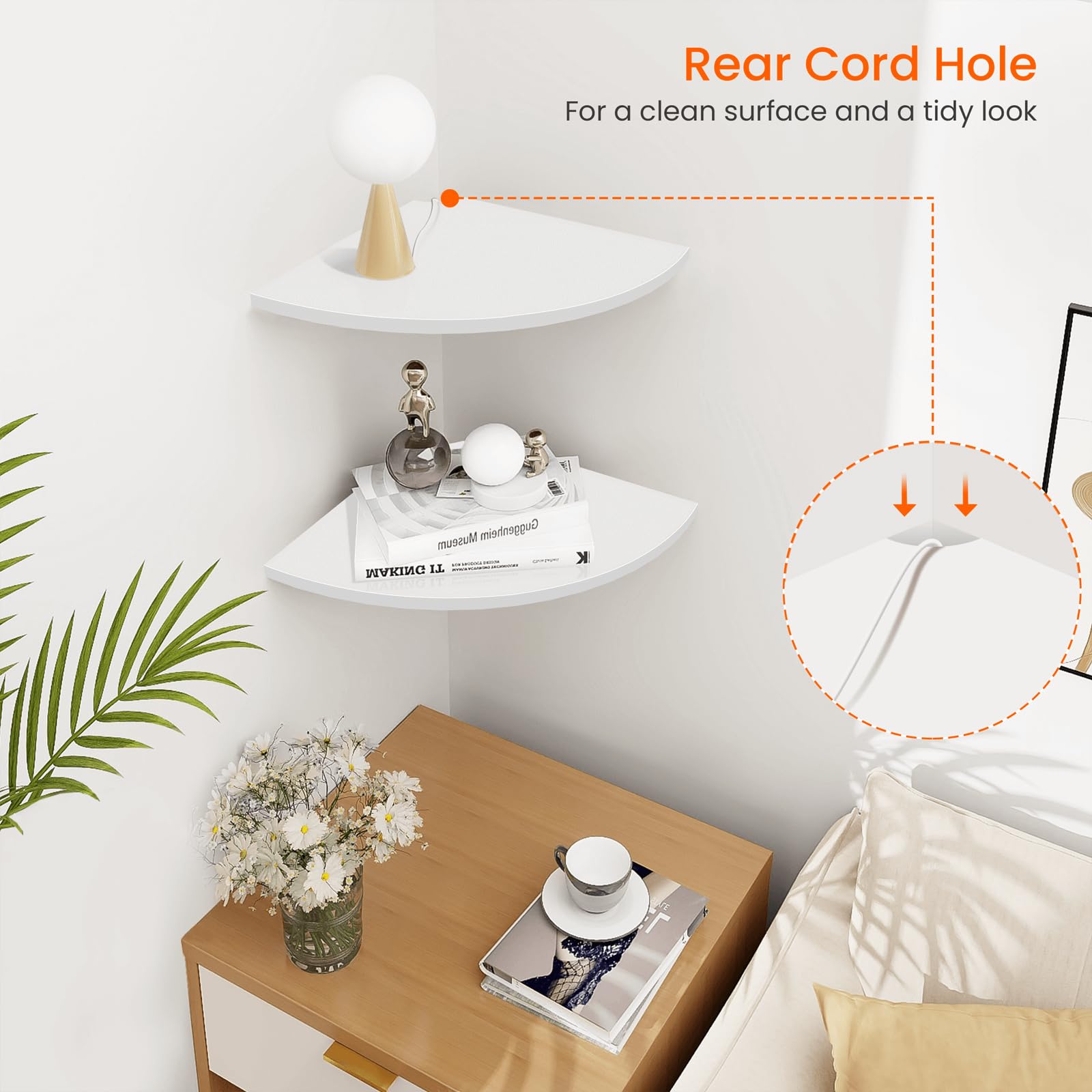 Homode 12-inch Wide Rounded Corner Wall Shelf Set of 2 - White Floating Wooden Shelves with Wire Hole for Bathroom, Living Room & Office - Perfect for Small Spaces, Plant Display & Home Decor Organization