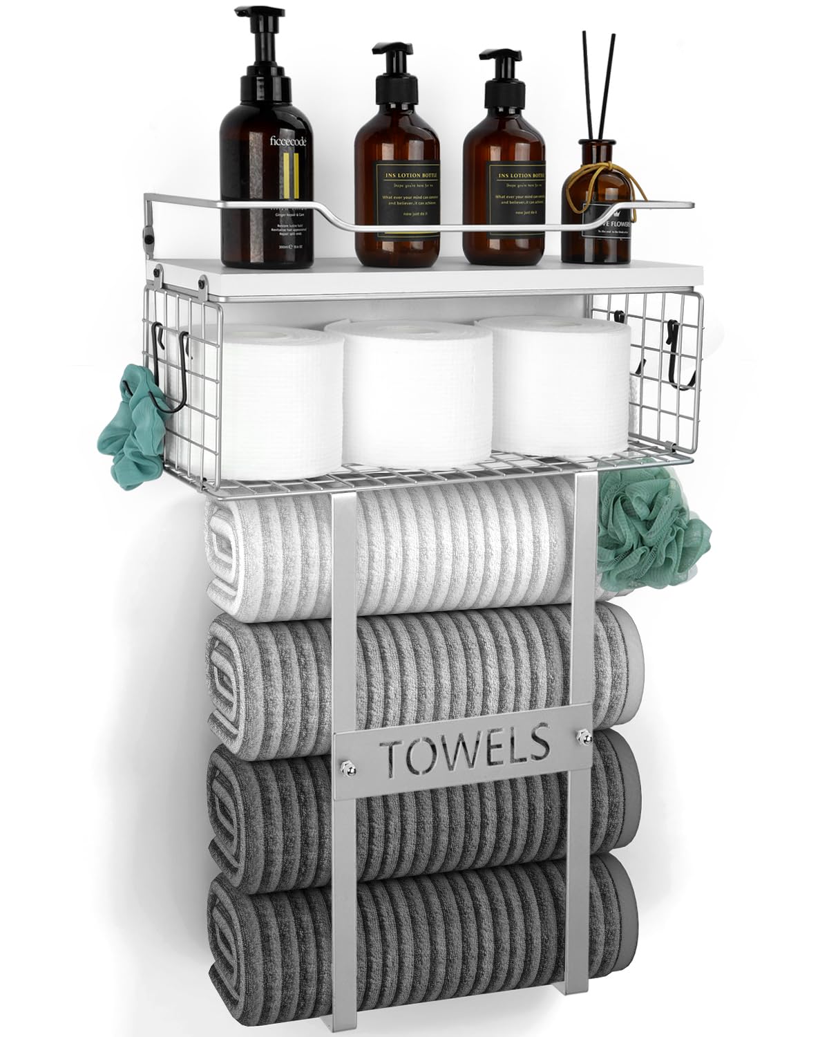 Wall Mounted Bathroom Towel Rack Set - Wooden Vertical Towel Holder with Rolled Towel Shelf for Small Bathroom Storage, Space-Saving Toilet Organizer (Silver) - Perfect for Modern Bathroom Decor and Space Optimization