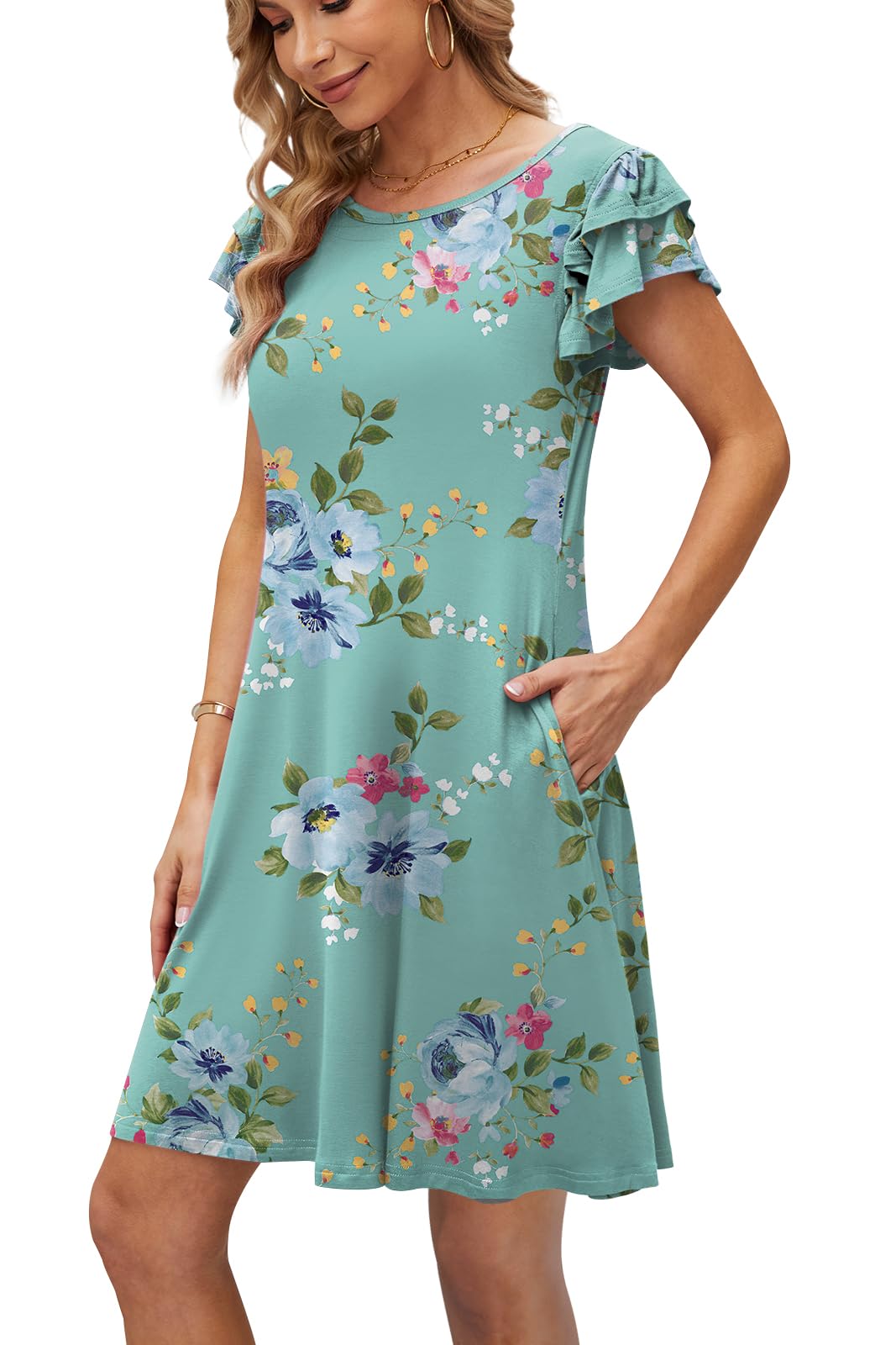 DB MOON Women's 2025 Mini Summer Dress - Casual Ruffle Short Sleeve Crew Neck Flowy Dress with Pockets | Perfect for Beach, Vacation & Date Night Outfits