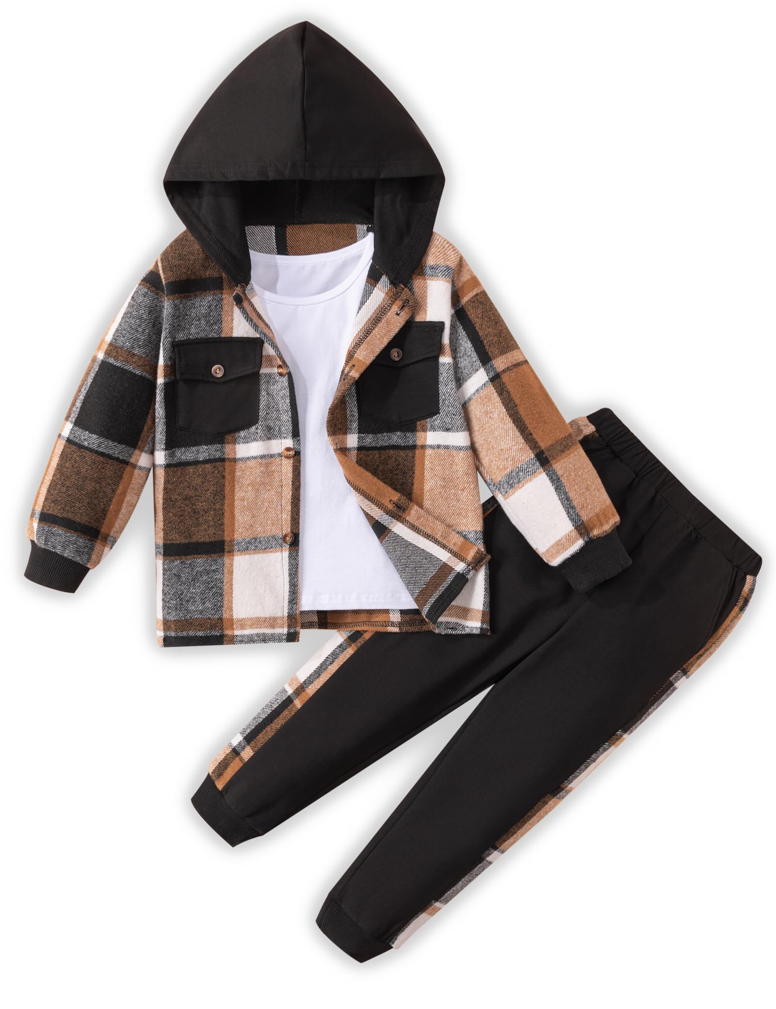 Boys' Winter Outfit Set - Plaid Hooded Shirt, White T-Shirt & Solid Pants (3-Piece) | Warm Toddler Clothes for Playdates & Outdoor Activities