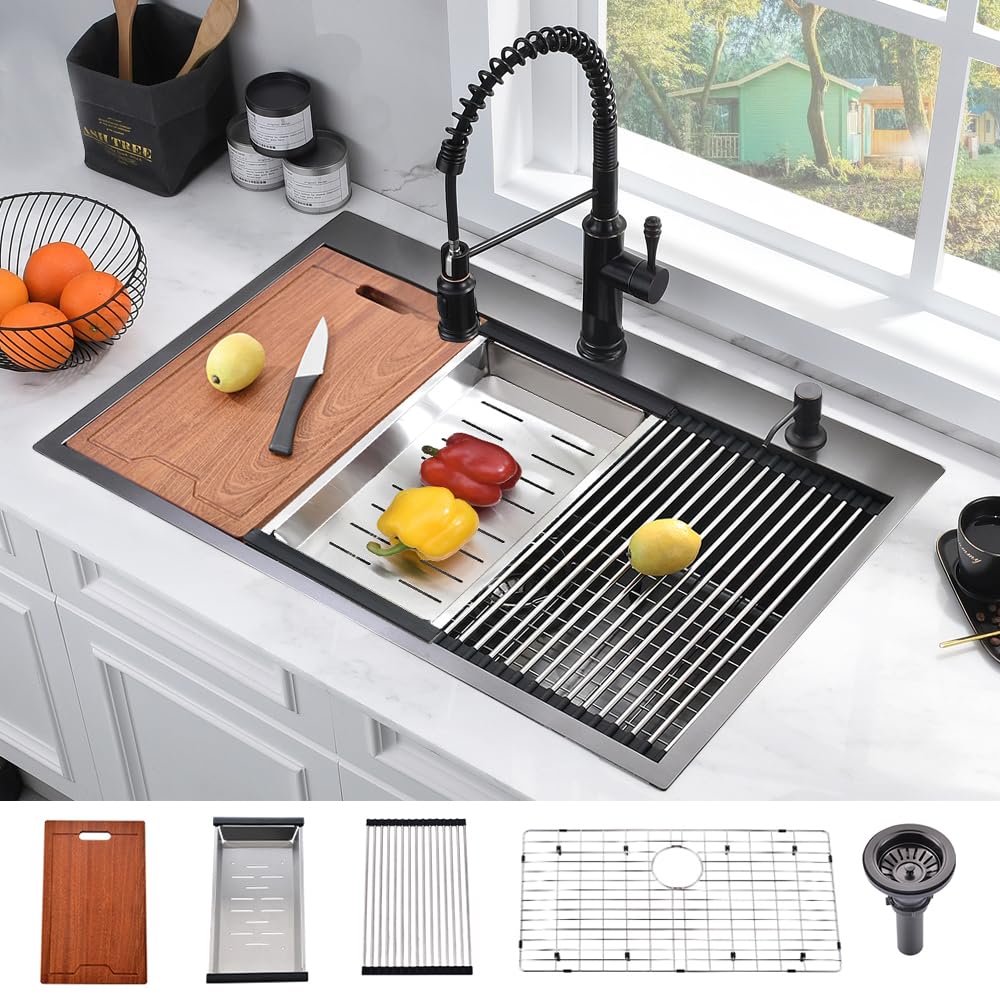 Bokaiya 33x19 Inch Black Stainless Steel Drop-In Kitchen Sink Workstation - 16 Gauge Deep Topmount Single Bowl with Cutting Board - Perfect for Meal Prep, Dishwashing & Small Space Kitchens
