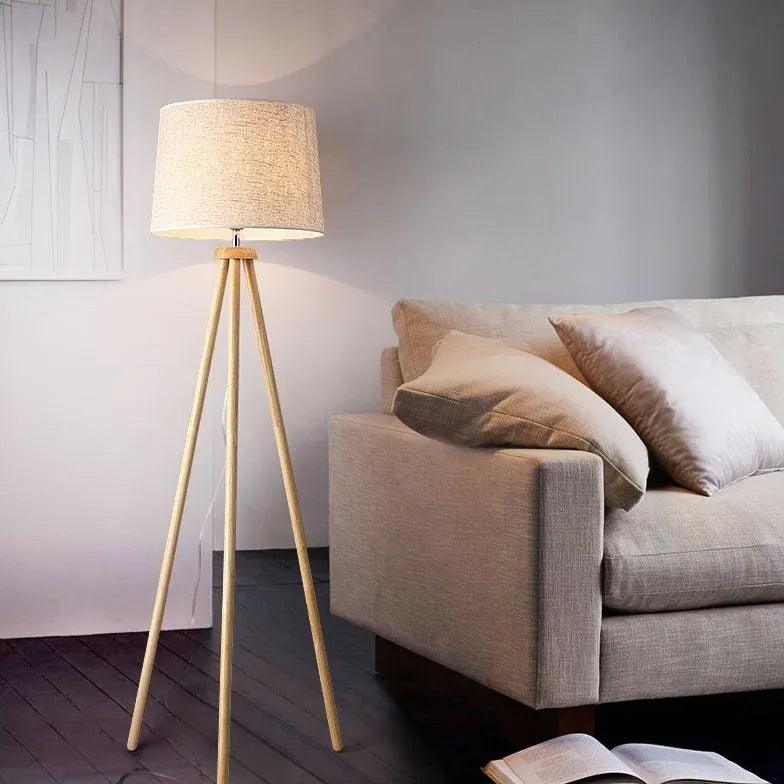 Modern White Cylindrical Wooden Tripod Floor Lamp - Adjustable Height Living Room Lighting for Bedroom, Office & Reading Nook - Warm Ambient Light for Cozy Home Decor