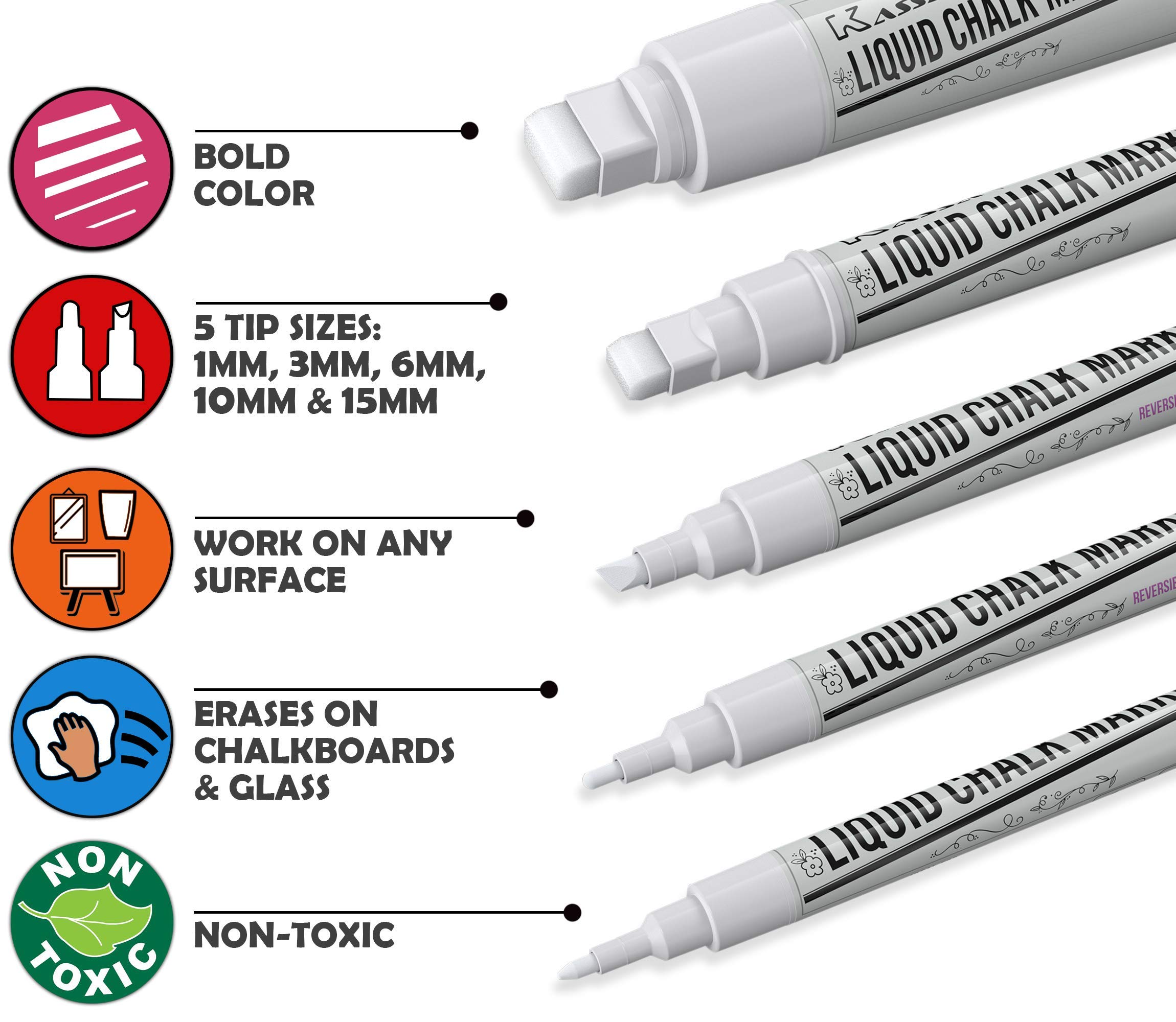 Kassa Chisel and Bullet Dual Tip Marking Pen Set - 10 Pack Neon Chalk Markers (6mm Tip) & 5 White Chalkboard Pens (Assorted Sizes) - Perfect for Whiteboards, Glass Writing, Signage, and DIY Crafts