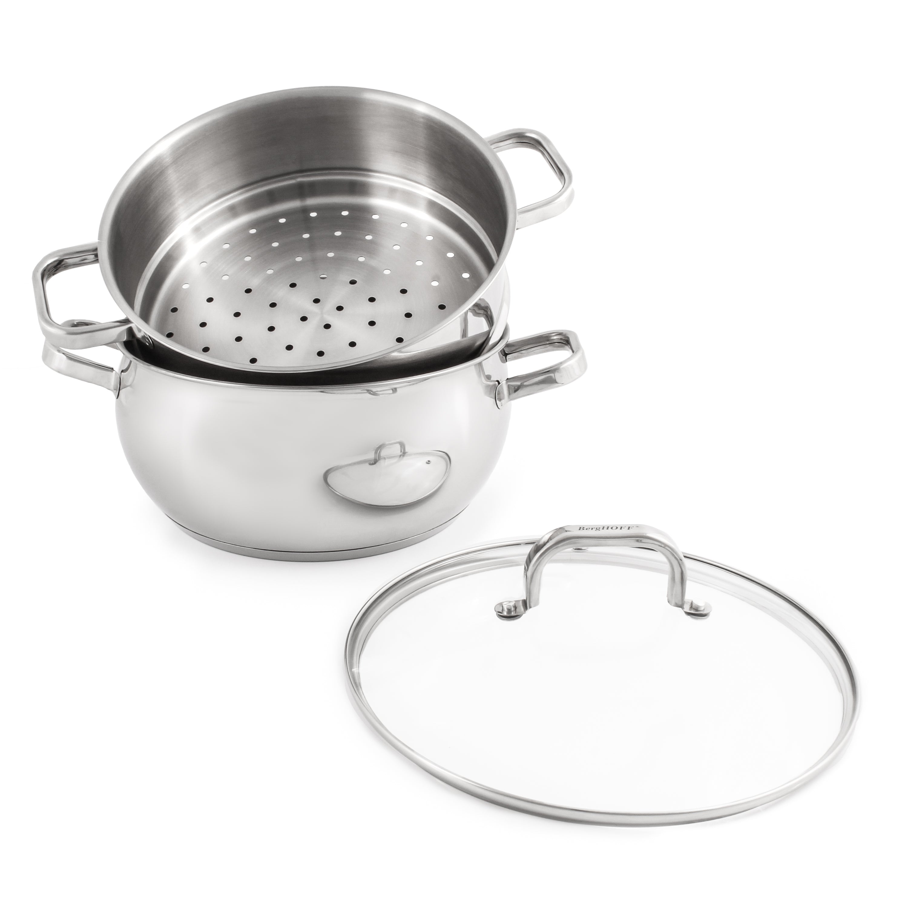 BergHOFF Belly Shape 3-Piece 18/10 Stainless Steel Steamer Set with Glass Lid - Perfect for Healthy Cooking, Meal Prep & Vegetables - Ideal for Stovetop, Induction & Gas Cooktops