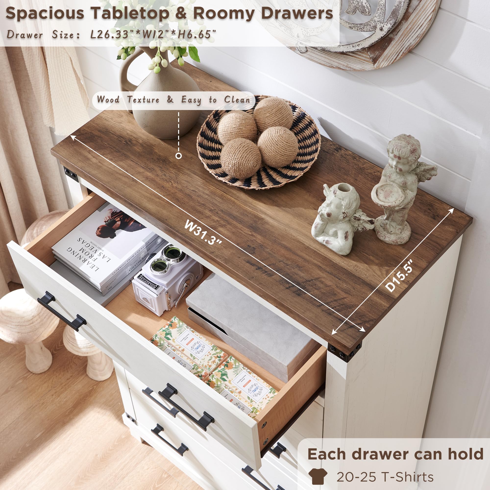 Farmhouse 5-Drawer Wood Dresser for Bedroom - Tall Chest of Drawers with Thick Plank Design, Rustic Closet Storage Organizer in Antique White - Perfect for Bedroom, Living Room & Guest Room Furniture
