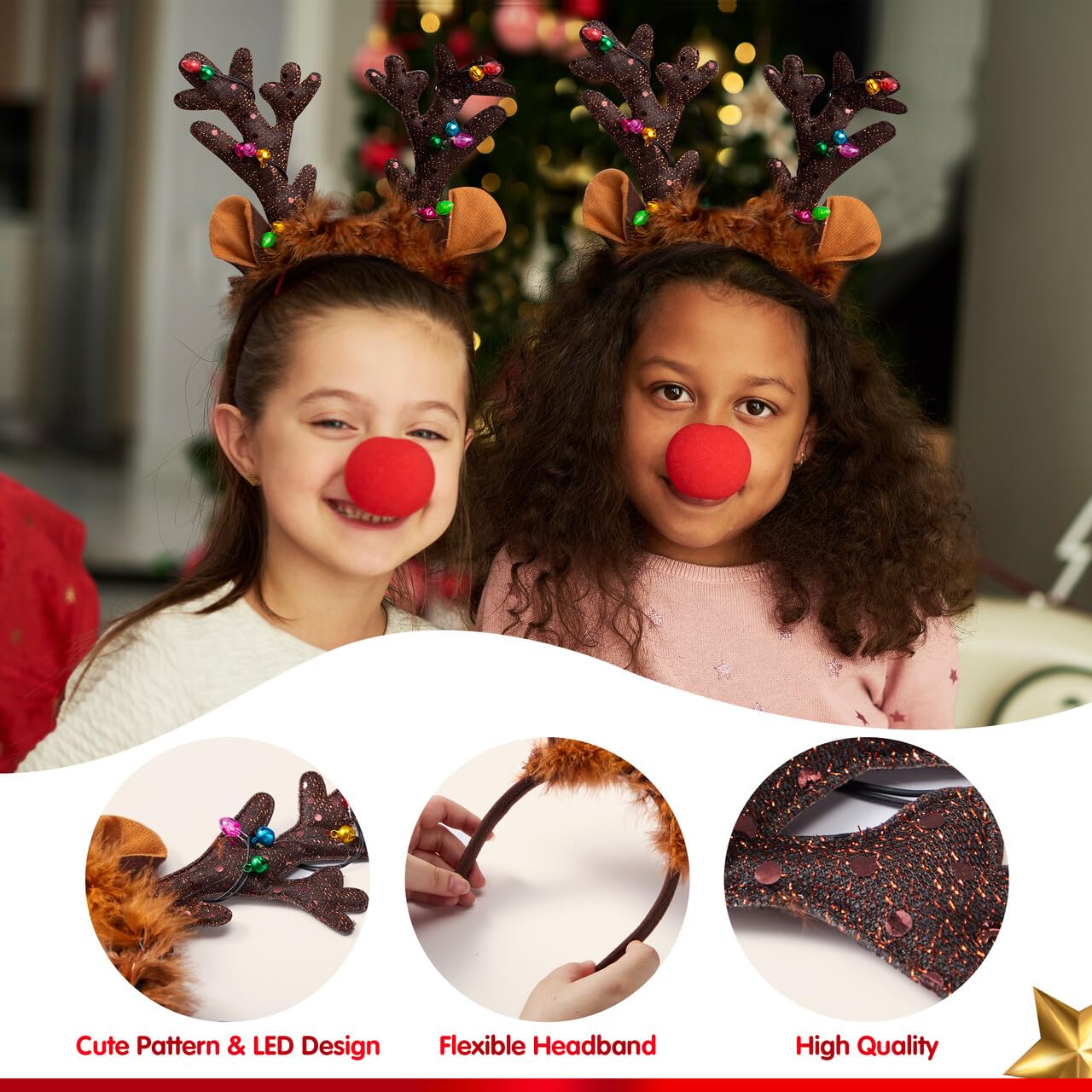 JOYIN 2PCS Light-Up LED Reindeer Headband Antlers - Christmas Party Favors, Holiday Costume Accessories for Women, Men, Kids (One Size Fits All) - Perfect for Xmas Parties, Family Gatherings & Festive Photo Booths
