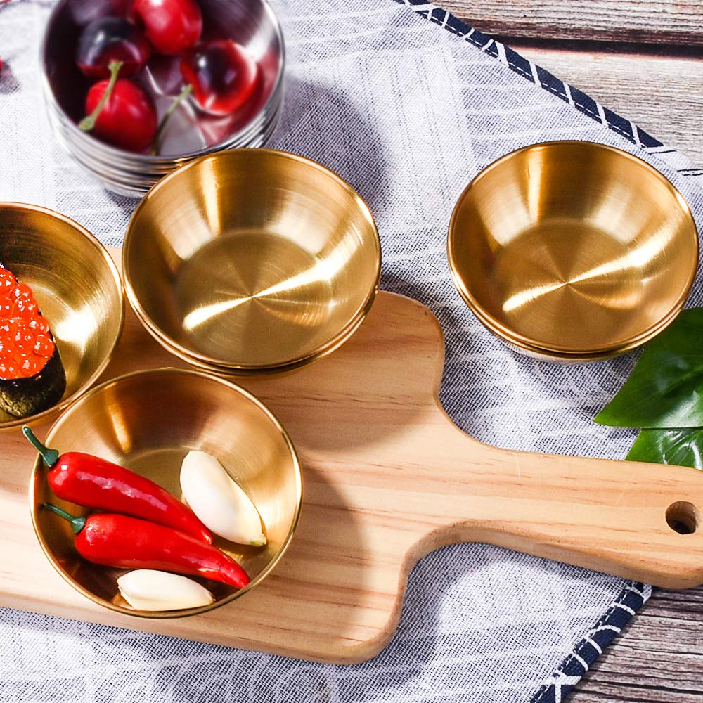 Premium Japanese Stainless Steel Soy Sauce Dishes Set of 6 - Round Sushi Dipping Bowls for Asian Cuisine, Mini Appetizer Plates & Ice Cream Serving - Elegant Gold Kitchenware for Restaurants, Sushi Bars & Home Dining