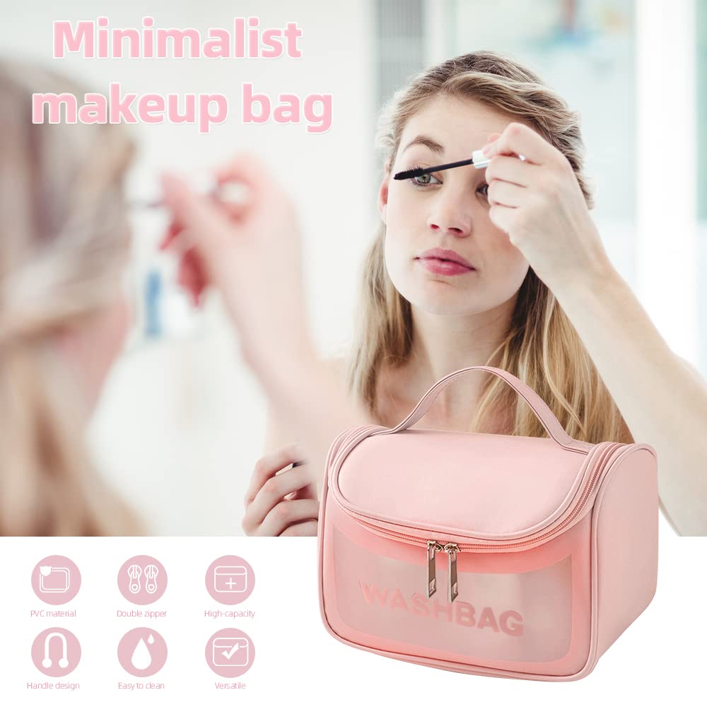 MMQ Clear Waterproof PVC Travel Makeup Bag - Hanging Toiletry Organizer for Women & Girls, Translucent Wide-Open Cosmetic Wash Bag (Pink) - Perfect for Travel, Gym, Beach & Daily Use