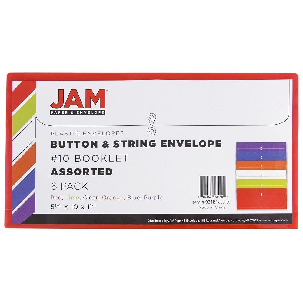JAM PAPER #10 Plastic Envelopes with Button Closure - 5 1/4x10 - 6 Pack - for Business Documents & Booklets