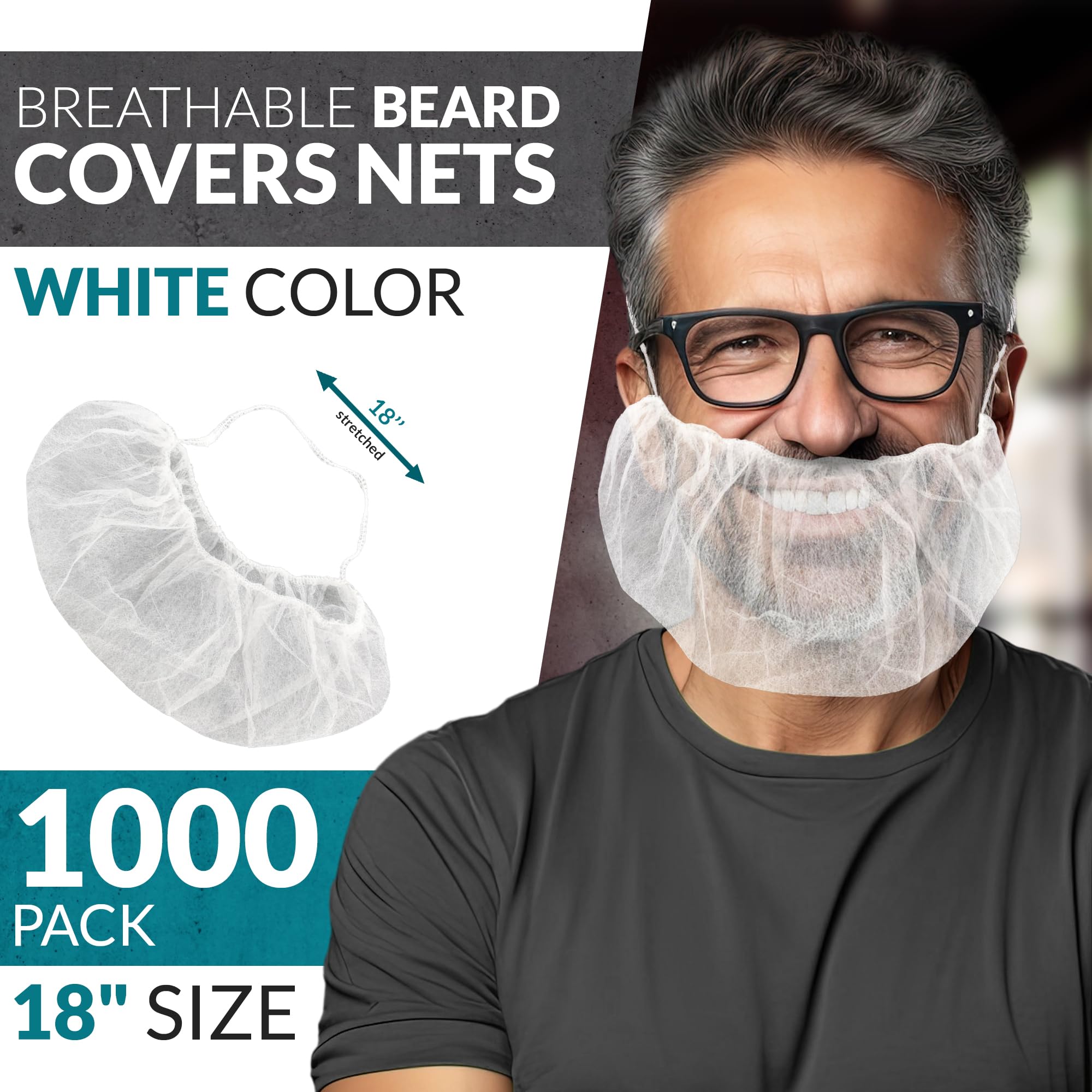 ABC White Disposable Beard Nets for Work - 18 Inch, Pack of 1000 Polypropylene Beard Covers with Elastic Bands | Breathable Food Service Beard Nets for Cooking, Cleaning, Restaurant & Food Processing Safety
