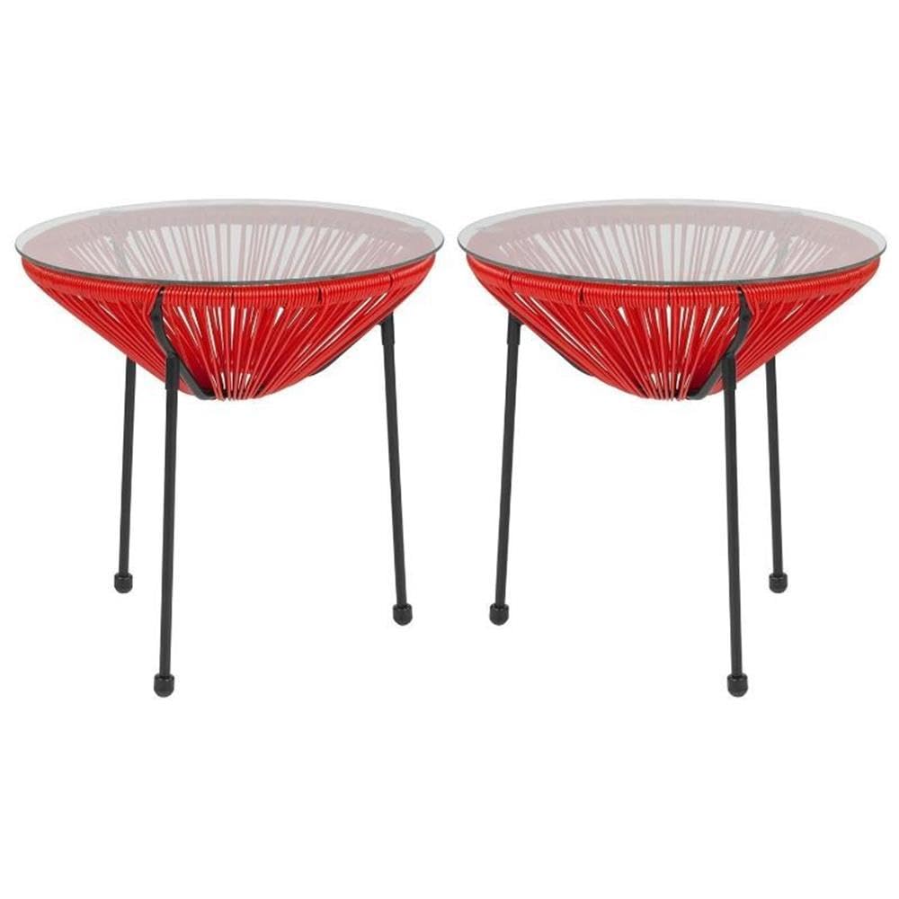 Red and Black Valencia Glass Top Patio End Table Set of 2 - Outdoor Furniture for Poolside, Garden, or Deck Use