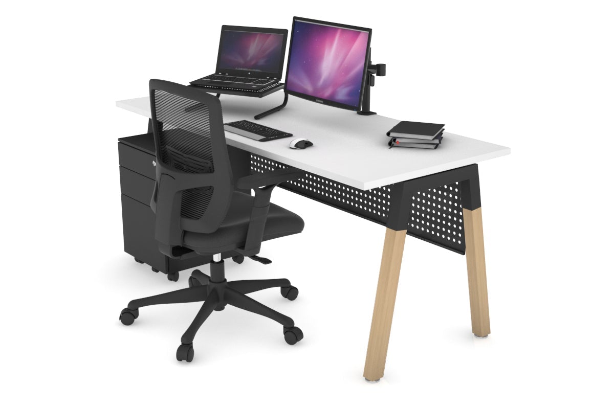 Quadro A Legs Office Desk with Wood Legs & Cross Beam [1600L x 700W] - Sturdy Workstation for Home Office, Study Room, or Commercial Spaces
