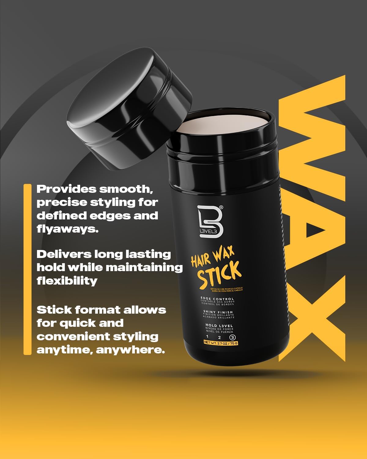 L3 Level 3 Hair Wax Stick 2.7 oz - Coconut Oil & Mineral Oil Smoothing Stick for Sleek, Polished Hair with Edge Control - Perfect for Styling, Taming Frizz & Defining Edges for Men & Women