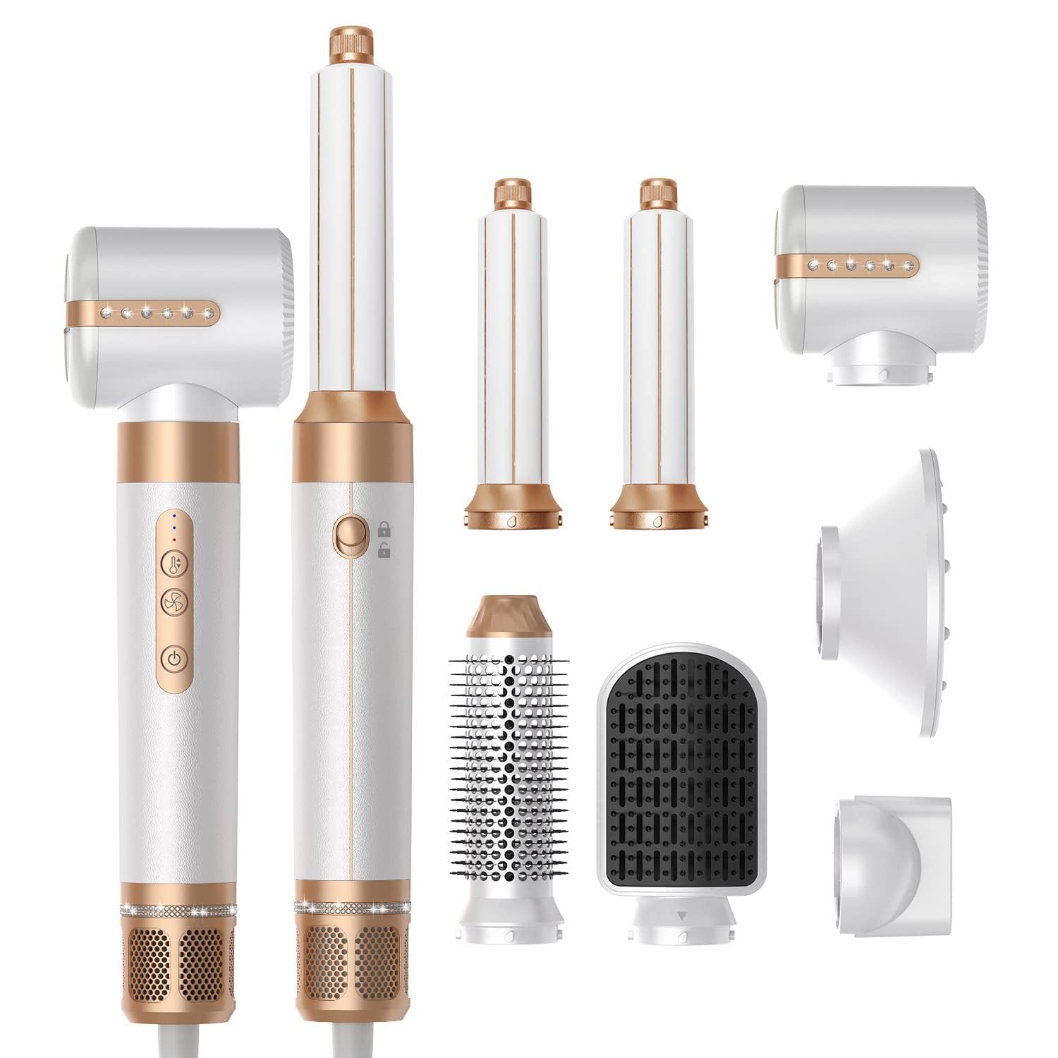 Professional 7-in-1 Hair Styling Kit with Hot Air Brush, Curling Wand & Straightener - Ionic Blow Dryer Set for Salon-Quality Styling at Home - Perfect for Travel, Daily Use & Special Occasions (White)