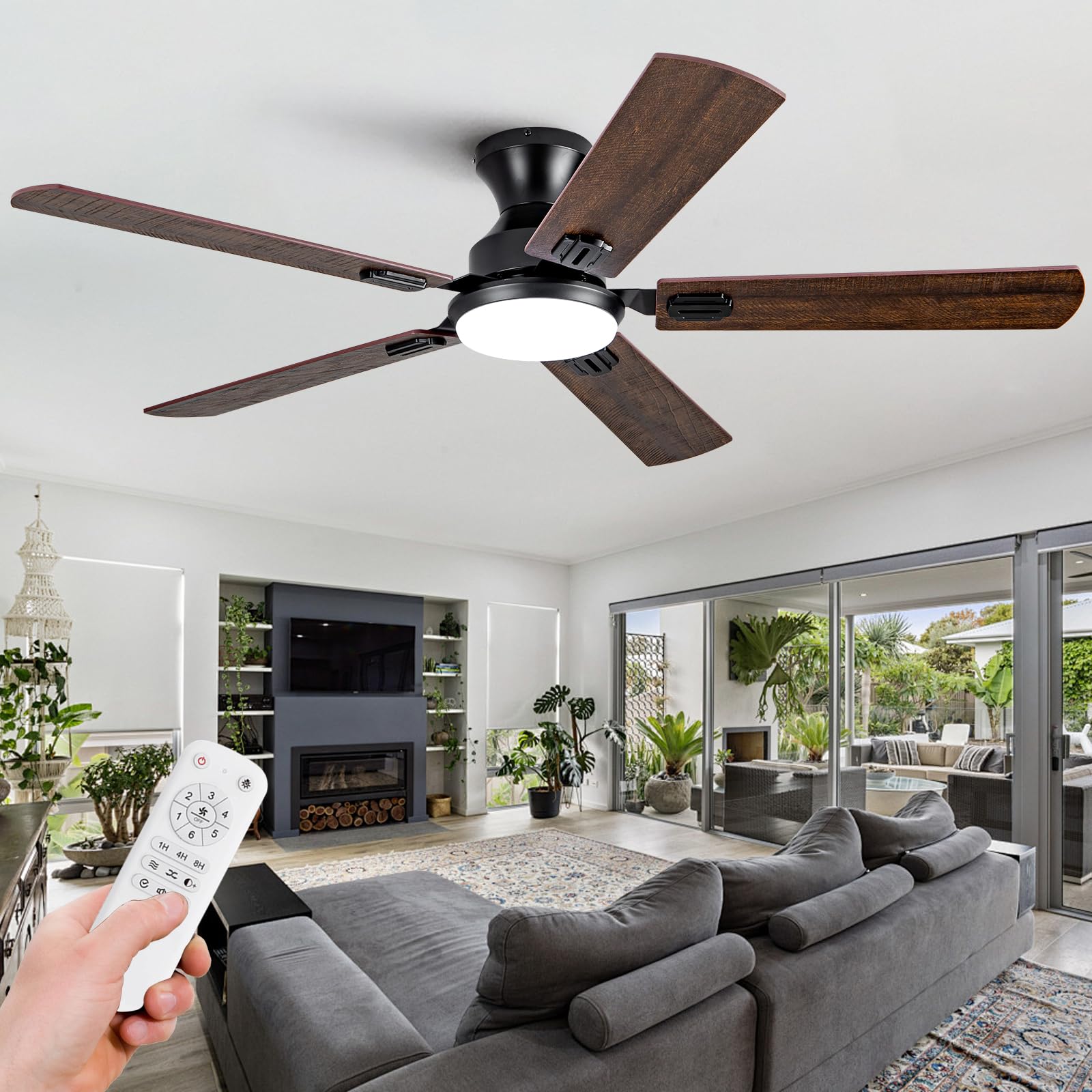 52 Inch Low Profile Flush Mount Ceiling Fan with LED Light and Remote - Modern Black 5-Blade Indoor/Outdoor Ceiling Fan, Dimmable Light, 6-Speed DC Motor - Perfect for Bedrooms, Living Rooms, Patios and Covered Porches