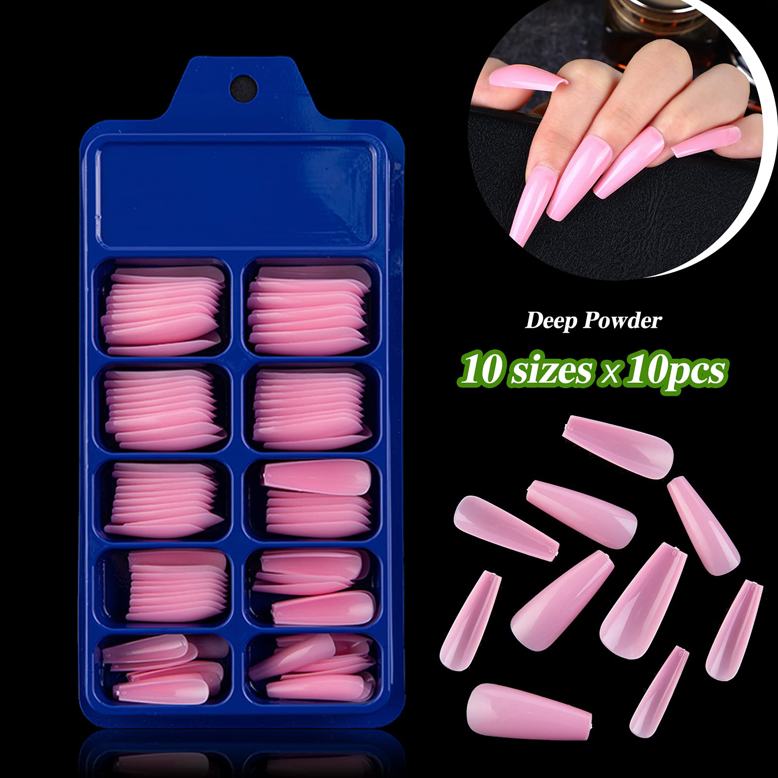 300PCS Long Press On Nails - Coffin Shaped Fake Nails with Full Cover, 10 Sizes Artificial Nails Kit for Women & Girls (Black, White, Pink) - Perfect for Nail Art, Manicure, Parties, Weddings & Daily Wear