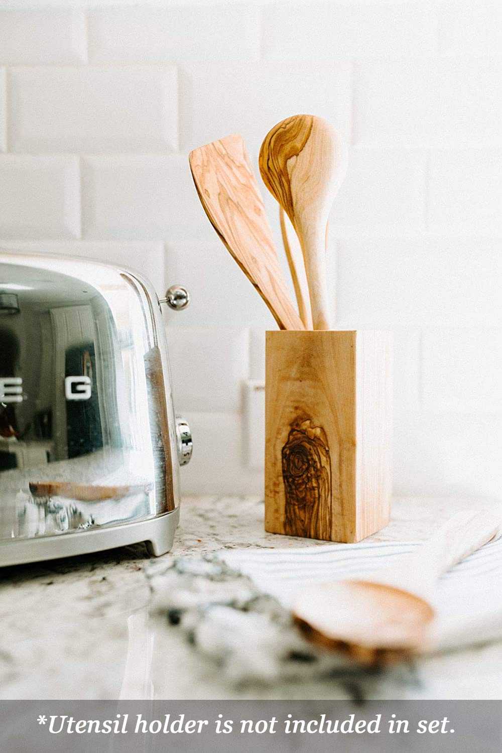 Tramanto 5-Piece Olive Wood Utensil Set - 12 Inch Wooden Spatula & Spoon Kitchen Tools, Handcrafted Rustic Cooking Accessories - Perfect for Home Chefs, Wedding Gifts & Farmhouse Style Kitchens