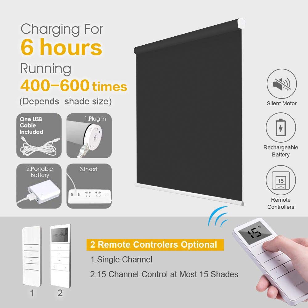 Motorized Blackout Cordless Roller Shades with Remote Control - Rechargeable Wireless Window Blinds for Room Darkening | Perfect for Bedroom, Living Room, Office & Kitchen Windows & Doors