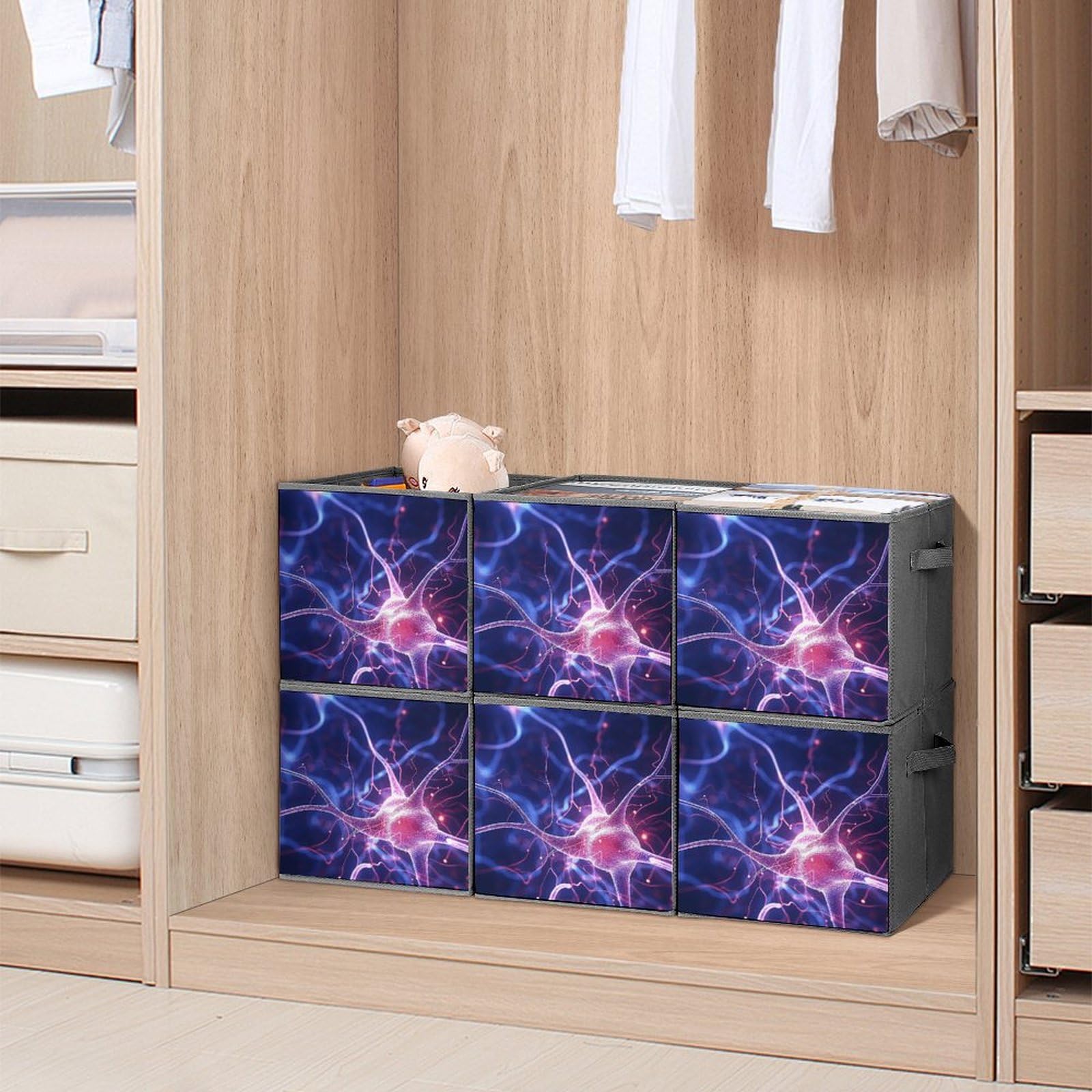 6-Pack Collapsible Storage Bins with Handles - Blue Neuron Pattern Foldable Organizing Baskets for Shelves, Closet, Kitchen & Bathroom | Space-Saving Home Organization Solution for Toys, Books & Household Items