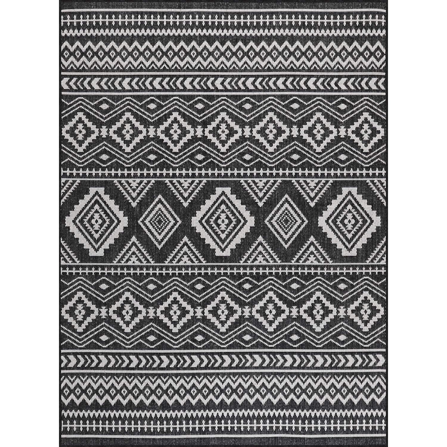Beverly Rug Waikiki Boho Indoor Outdoor Rug 8x10 - Washable Bohemian Area Rug for Patio, Deck, Porch | Aztec Tribal Pattern Black and White Farmhouse Rugs - Perfect for Beach Houses, Living Rooms & Garden Decor