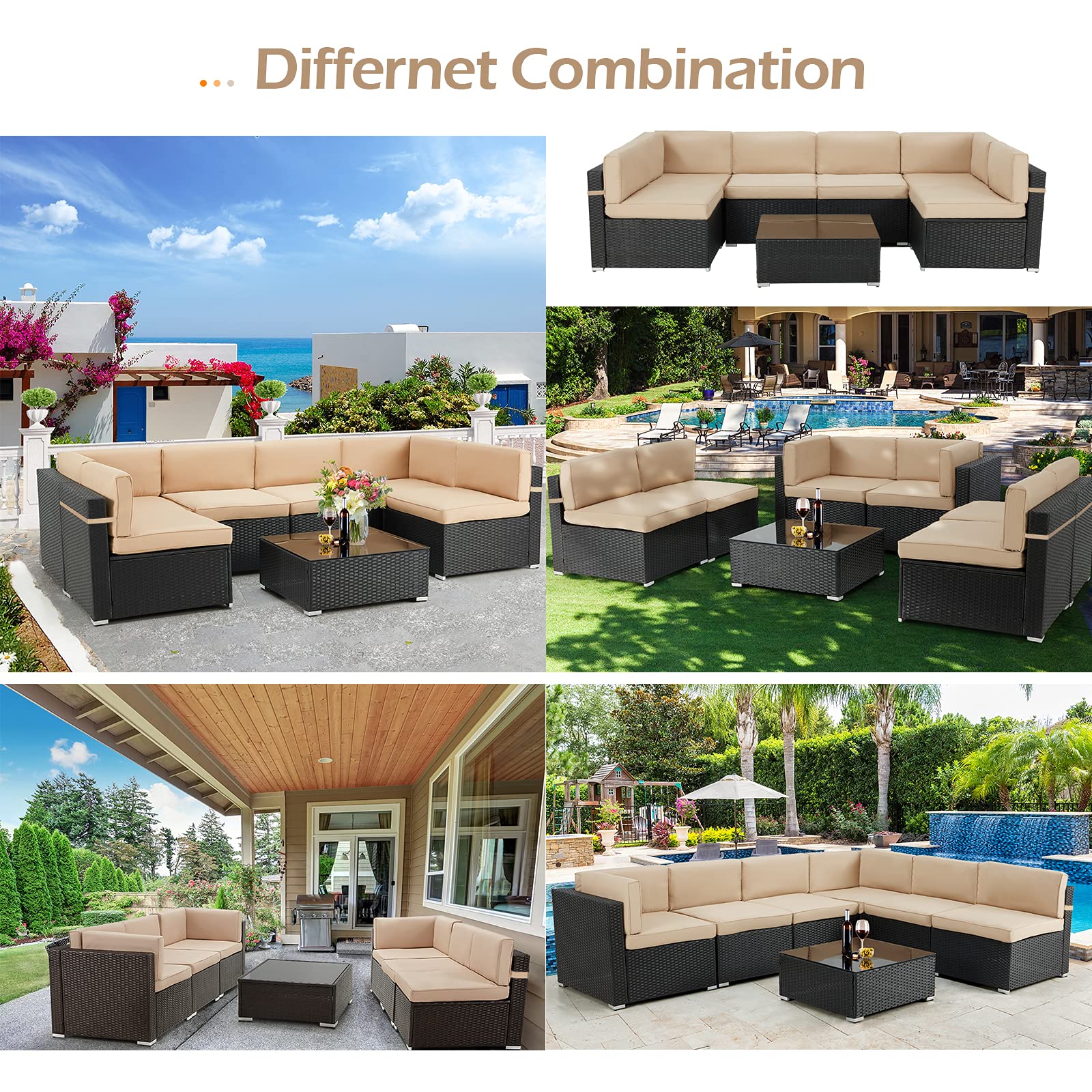 AECOJOY 7-Piece Outdoor Patio Furniture Set - PE Rattan Sectional Sofa with Coffee Table, Khaki Cushions & Black Frame - Perfect for Garden, Backyard, Poolside & Outdoor Entertaining
