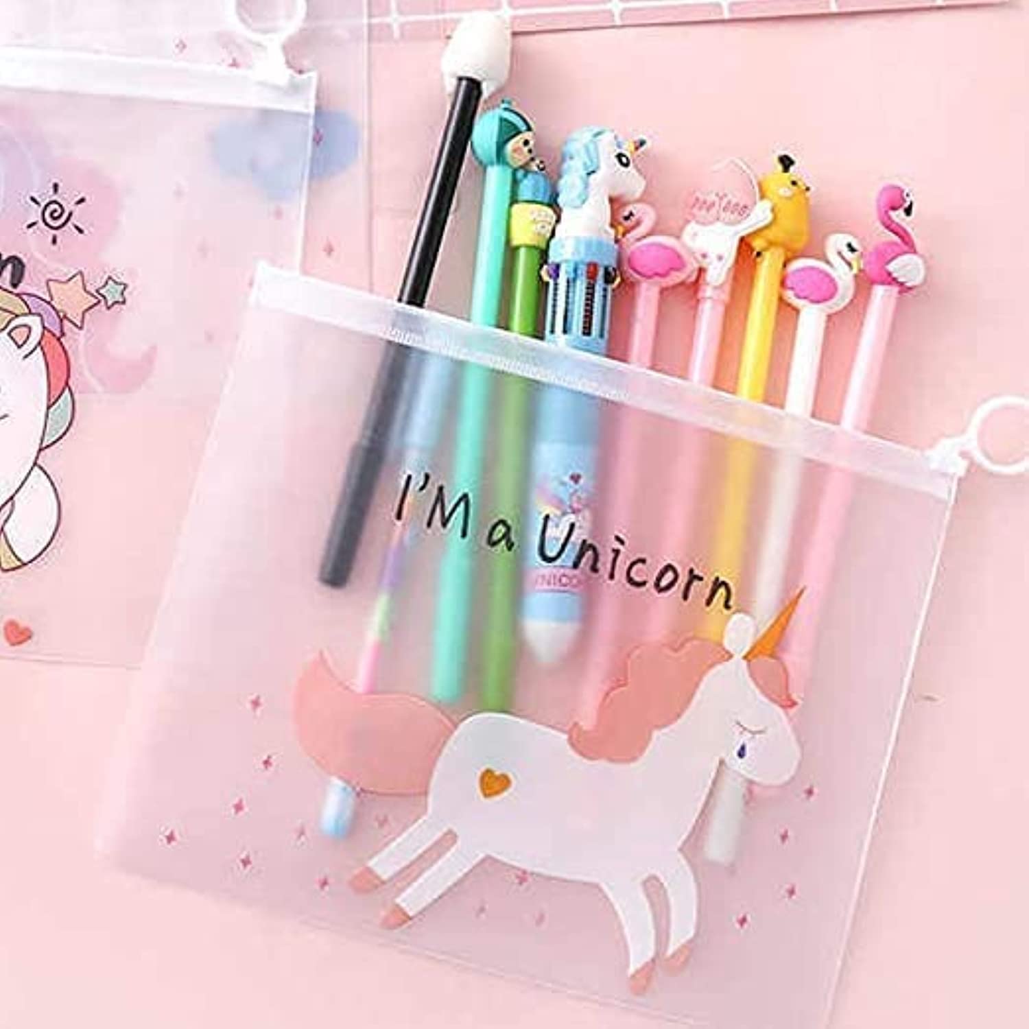 BREEPREE (Pack of 4) Transparent Unicorn Print Pencil Case - Waterproof Zippered Pouch for School Supplies, Makeup Organizer, Travel Accessories - Perfect Gift for Kids, Boys & Girls - Ideal for Backpack, Office & Travel Organization