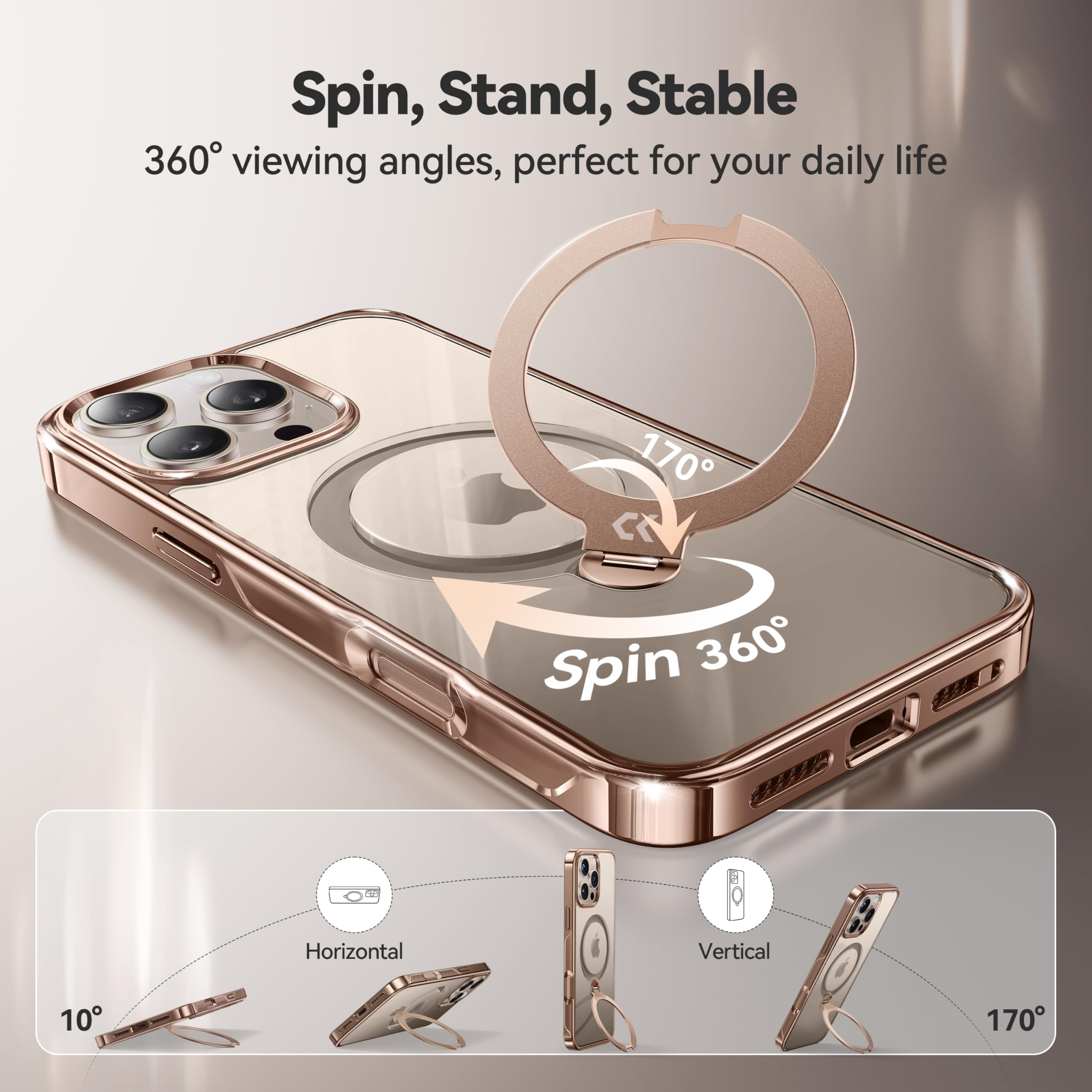 CASEKOO Titanium Magnetic Case for iPhone 16 Pro - 360° Rotating Stand | Magsafe Compatible | 16FT Military-Grade Protection | Clear Polished Finish with Rose Gold Kickstand (6.3