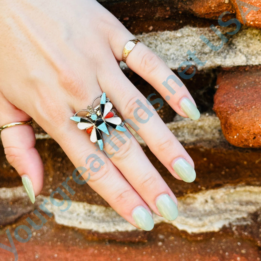 Sterling Silver Zuni Inlay Turquoise Butterfly Ring - Size 7 | Handmade Native American Jewelry for Women | Perfect for Boho Fashion, Gift Giving & Special Occasions
