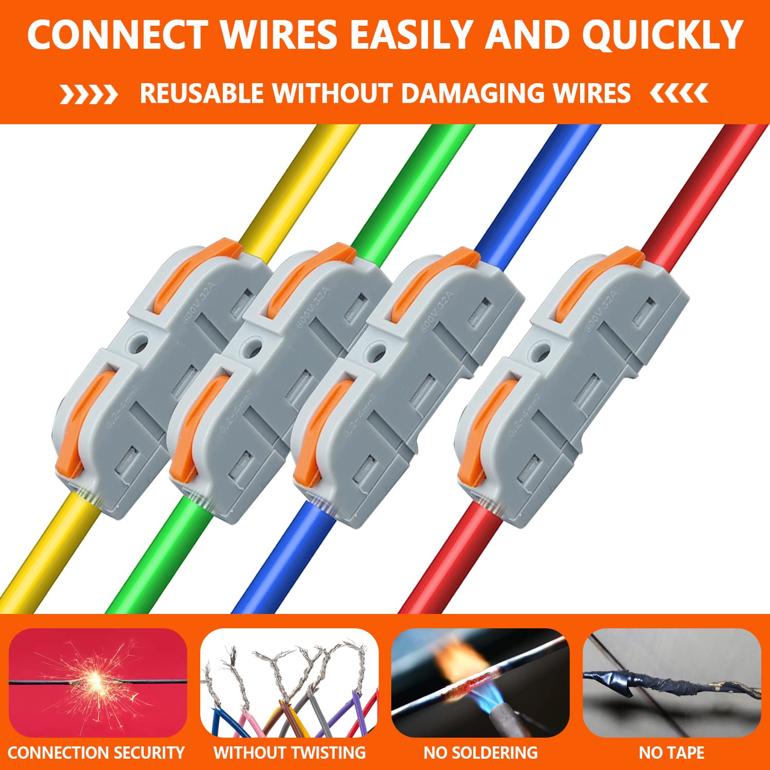 50 Pcs 1 to 1 Inline Electrical Lever Wire Connectors - Quick Push-in Cable Splicing Connectors for 28-12 AWG Wires (Grey Orange) - Ideal for Home Wiring, Electrical Repairs, and DIY Projects